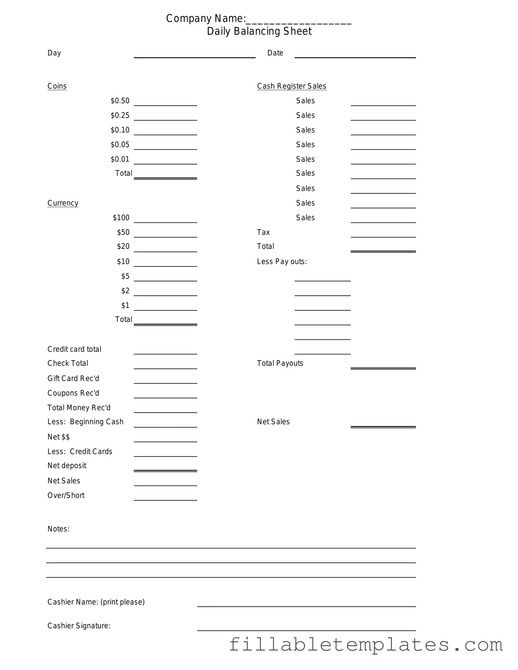 Official Cash Drawer Count Sheet Template in PDF