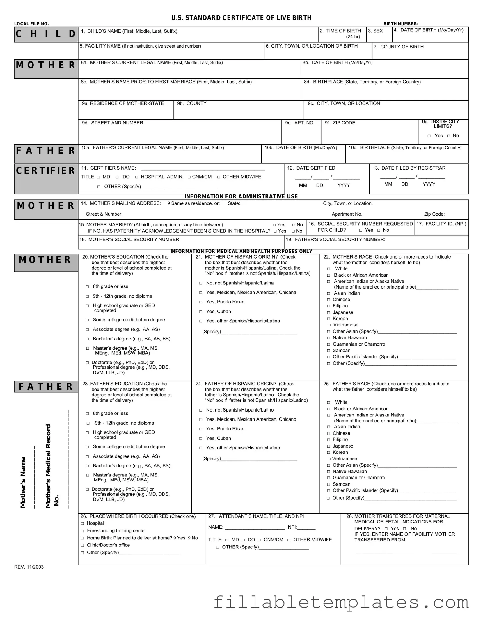 Official CDC U.S. Standard Certificate of Live Birth Template in PDF