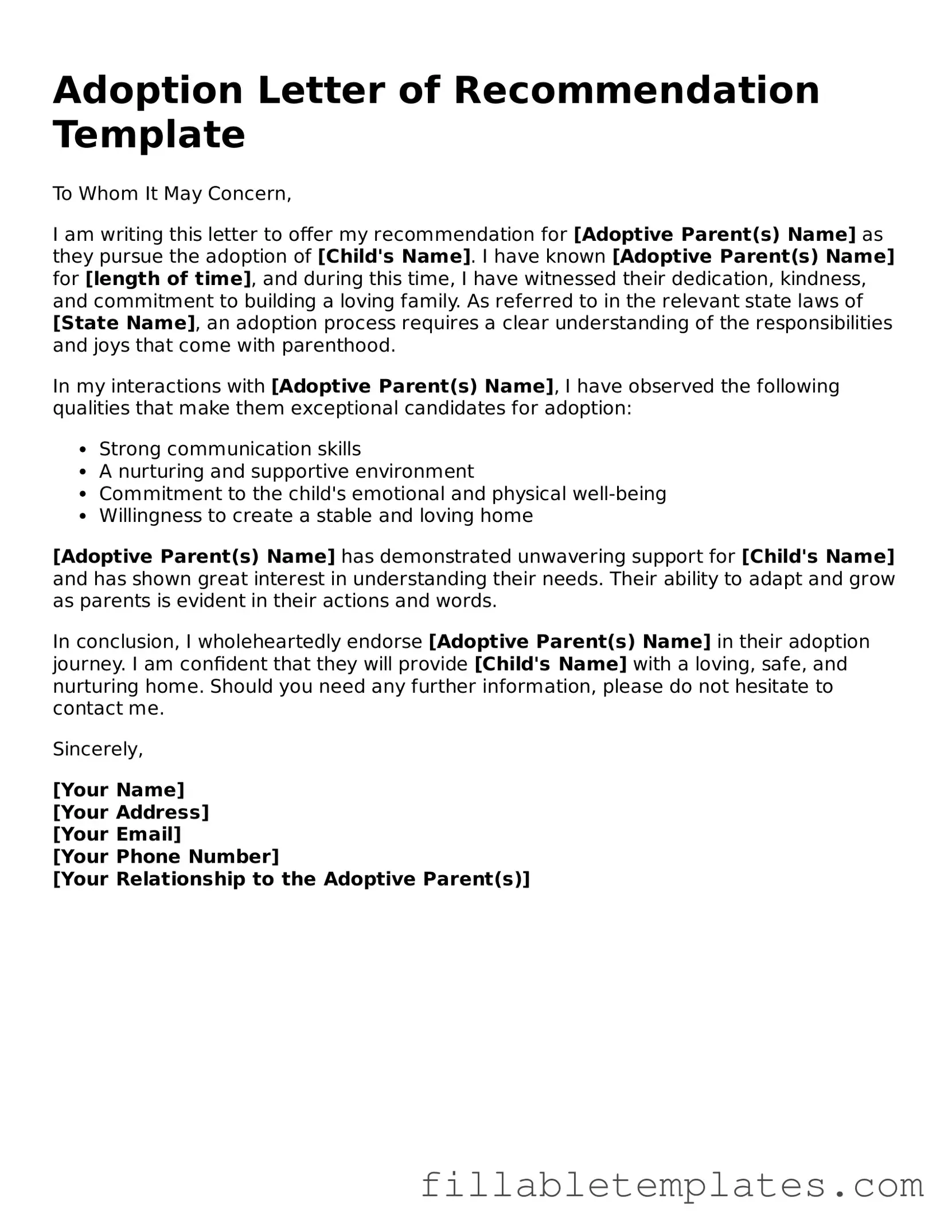 Printable Adoption Letter of Recommendation Form