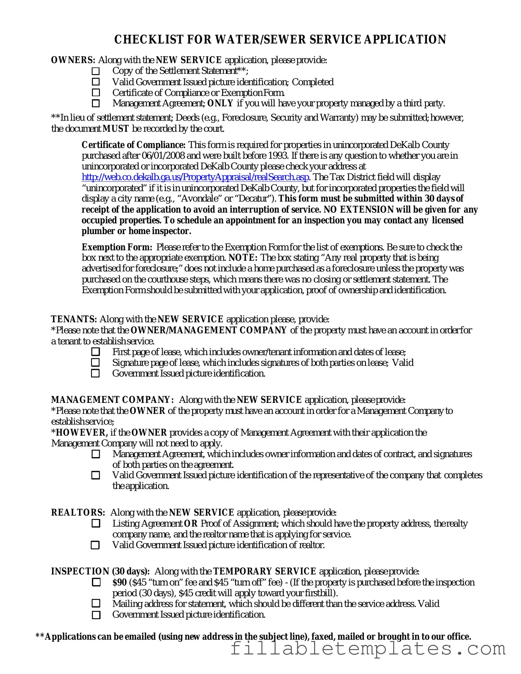Official Dekalb County Water Application Template in PDF
