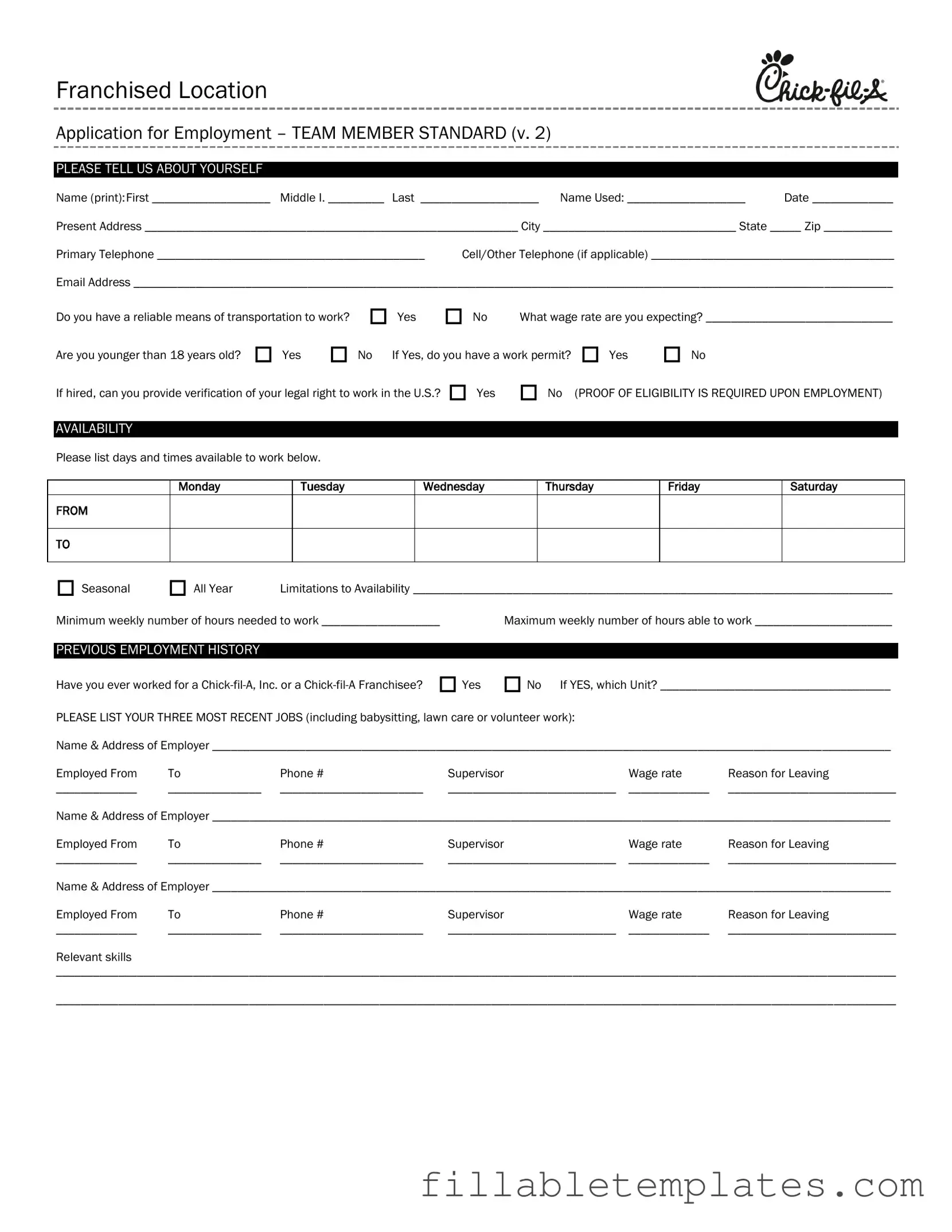 Official Chick Fil A Job Application Template in PDF
