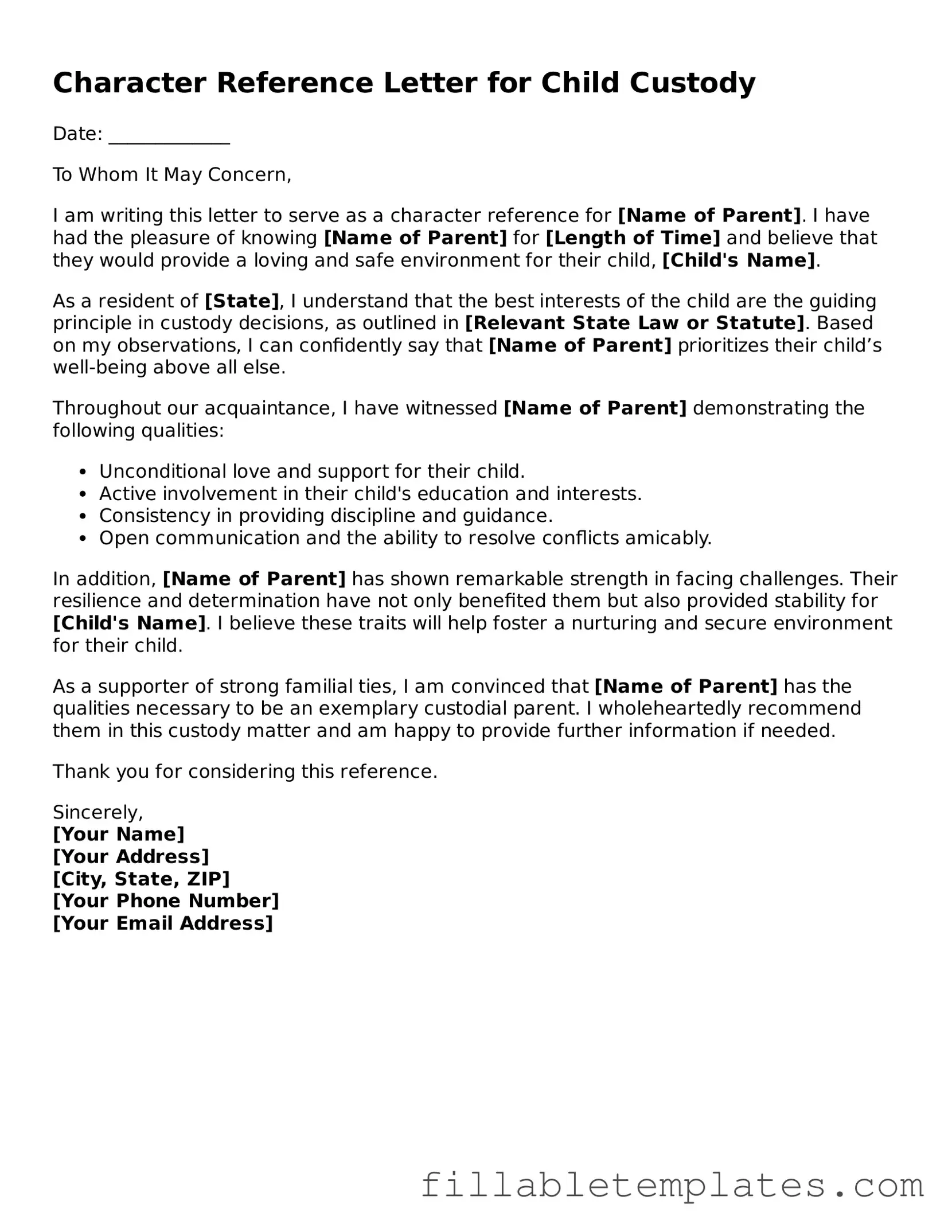 Printable Character Reference Letter for Child Custody Form