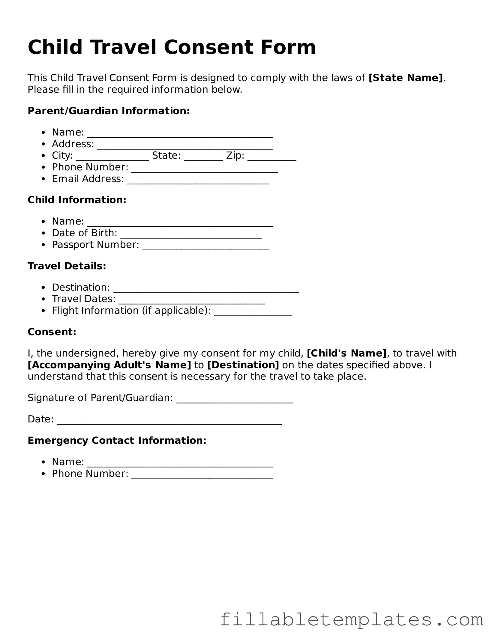 Printable Child Travel Consent Form Form