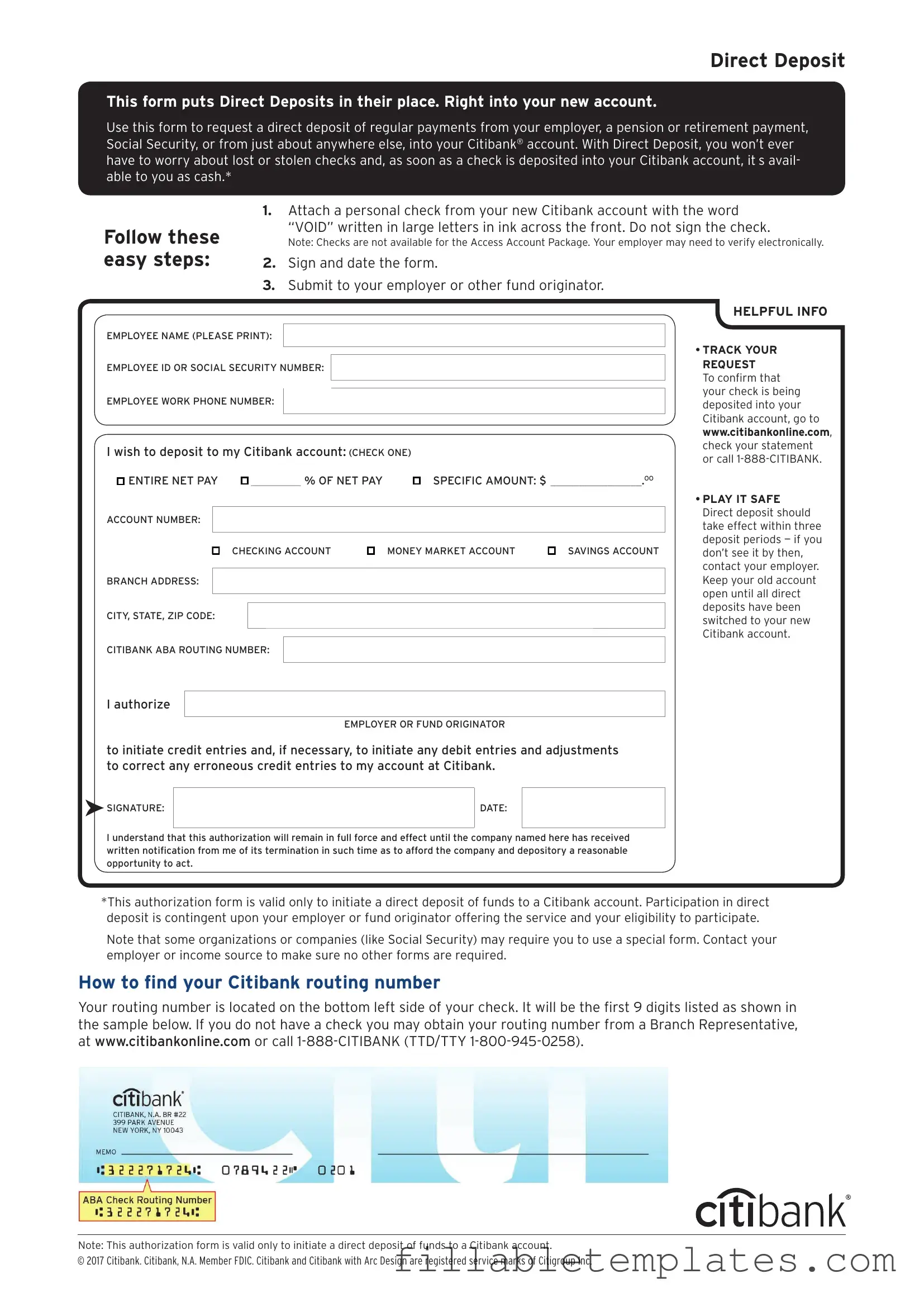 Official Citibank Direct Deposit Template in PDF