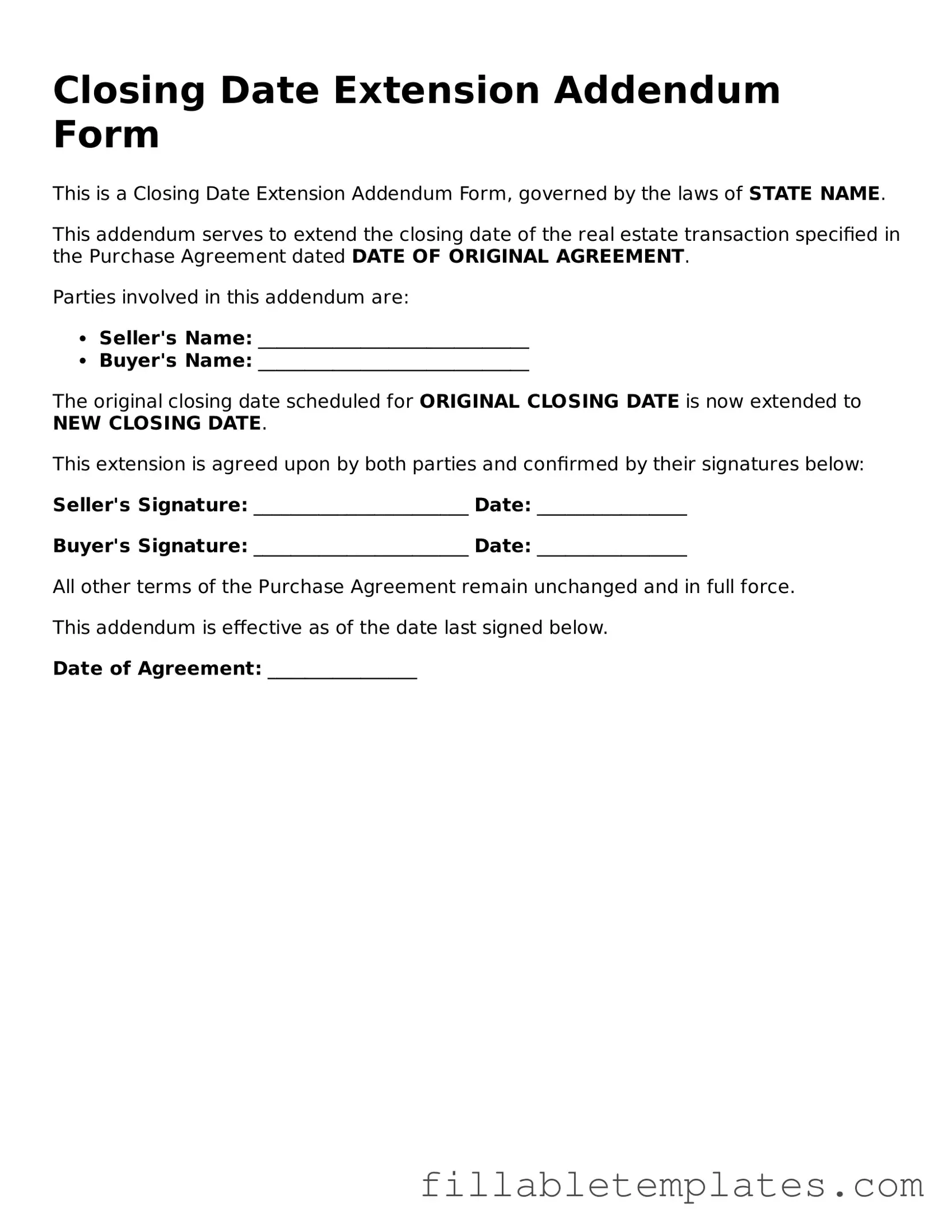 Printable Closing Date Extension Addendum Form Form