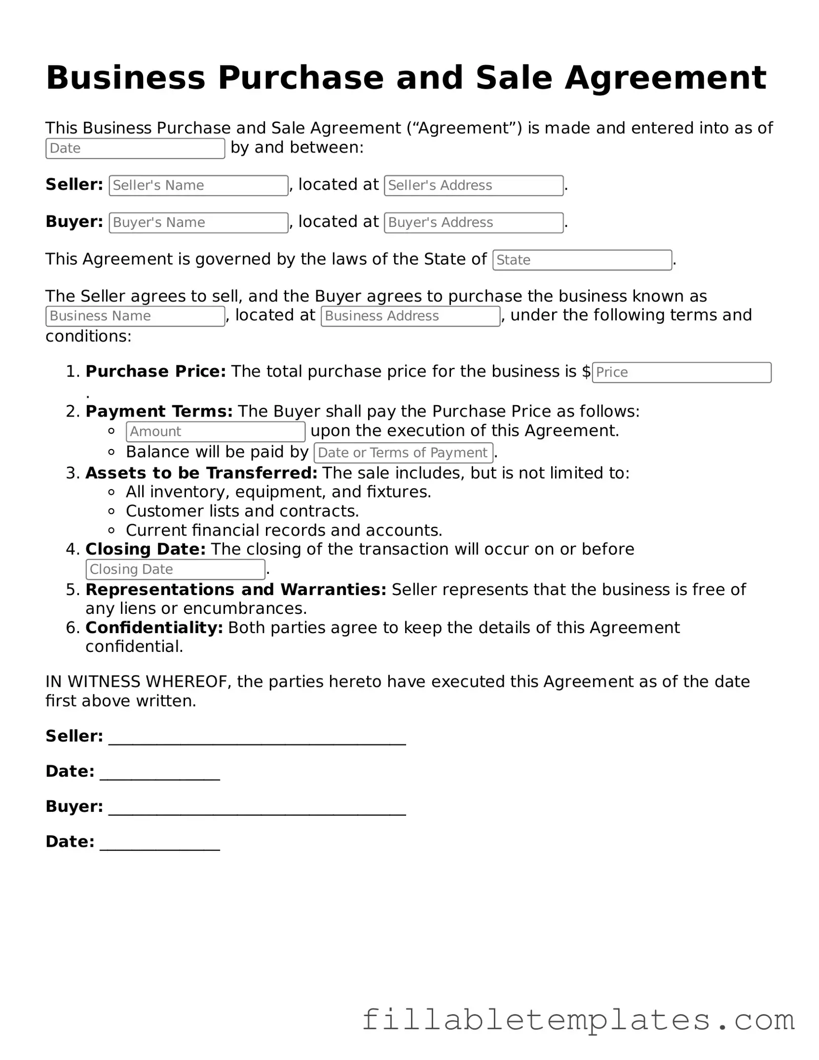 Printable Business Purchase and Sale Agreement Form