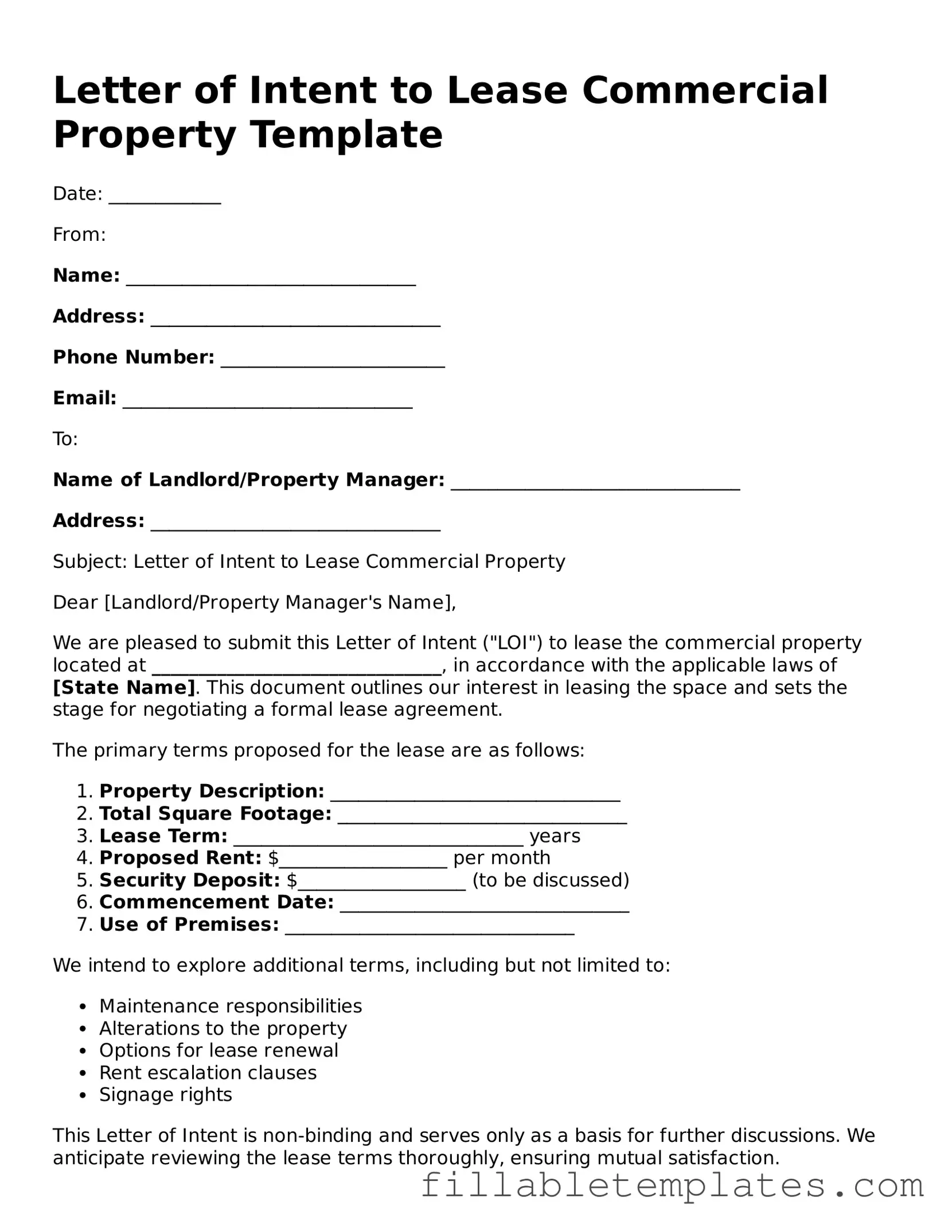 Printable Letter of Intent to Lease Commercial Property Form
