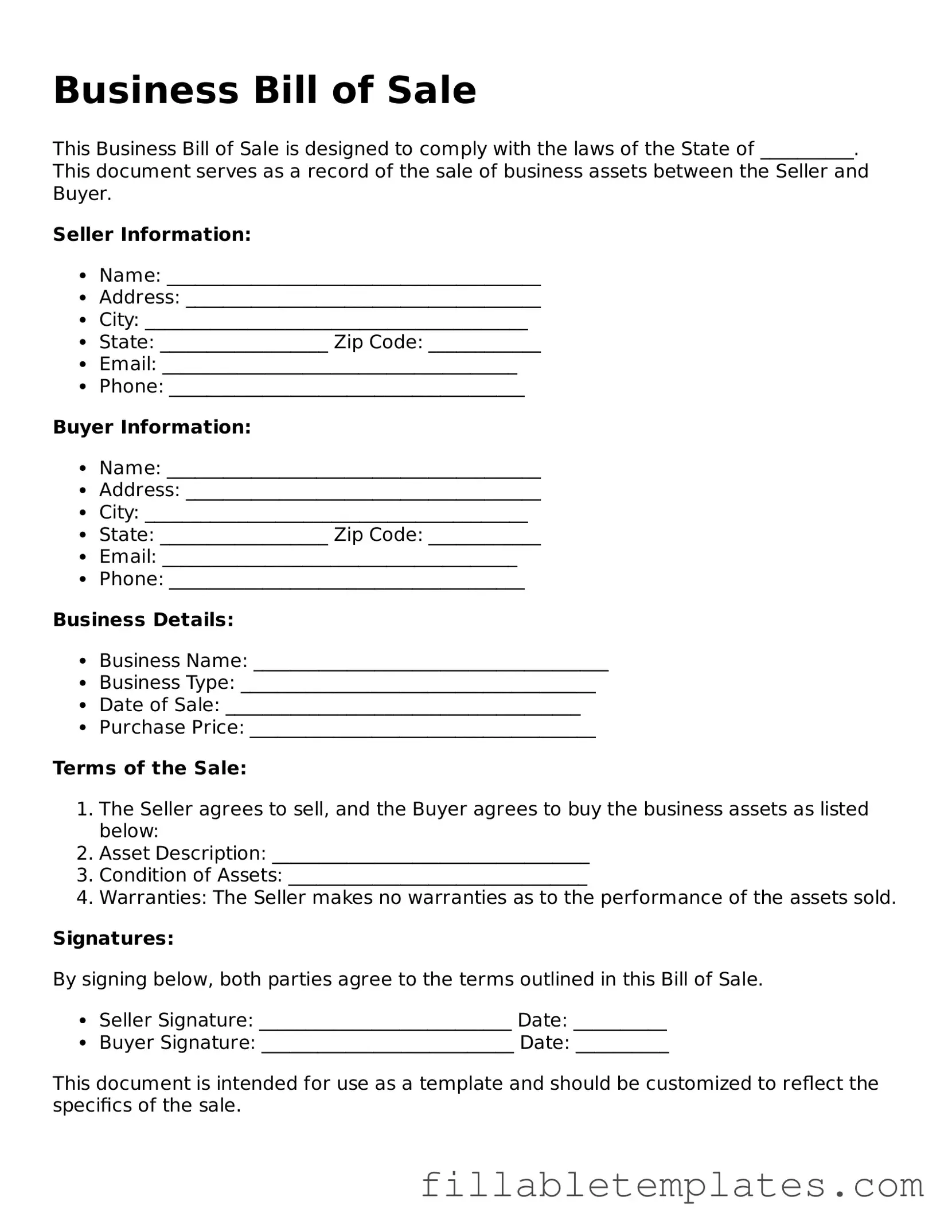 Printable Business Bill of Sale Form