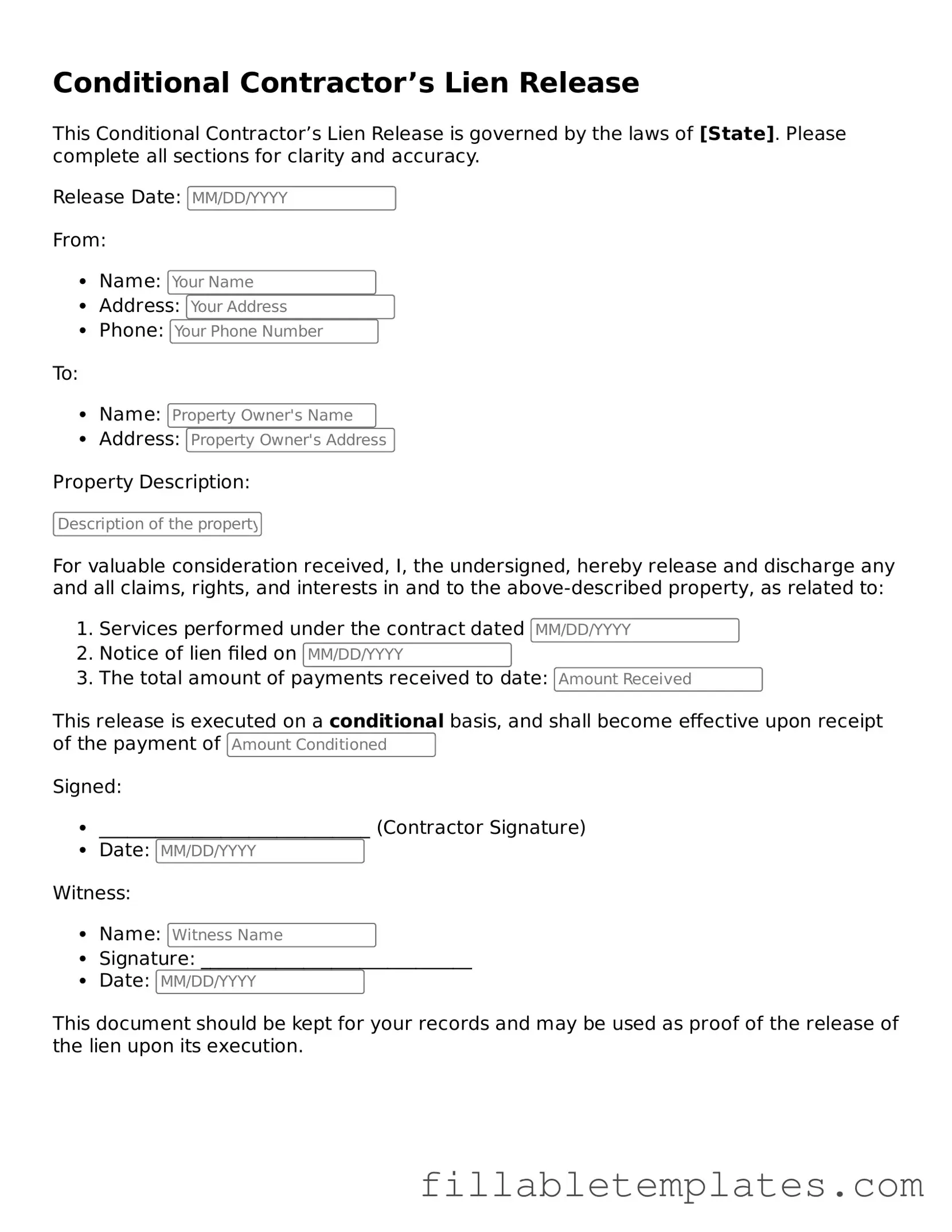 Printable Conditional Contractor’s Lien Release Form