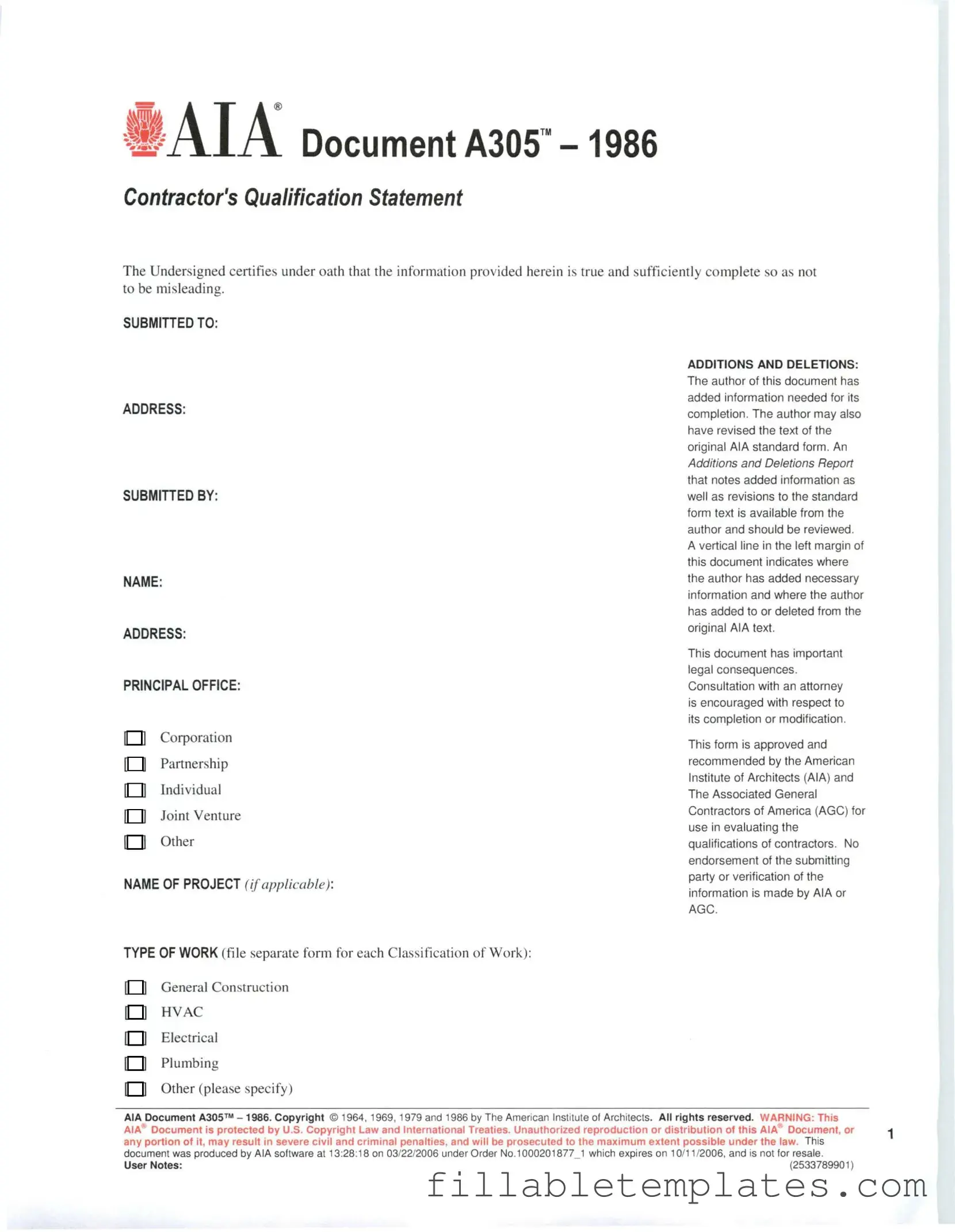 Official AIA A305 Template in PDF