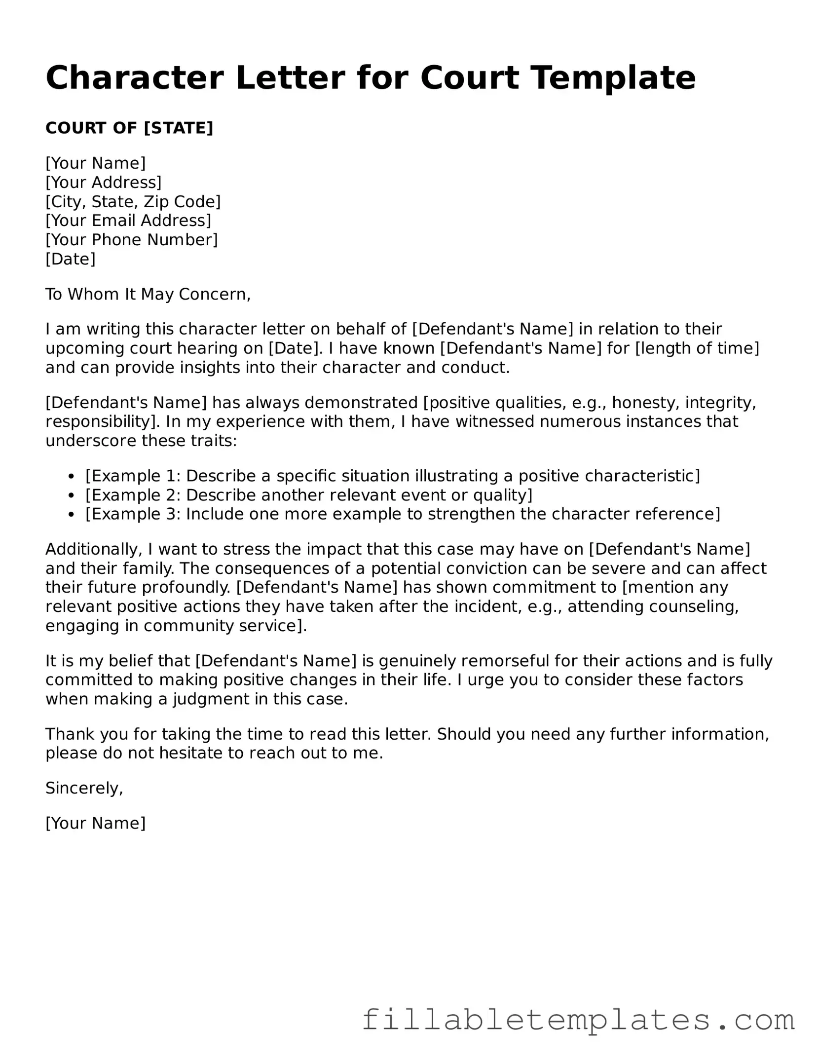 Printable Character Letter for Court Form