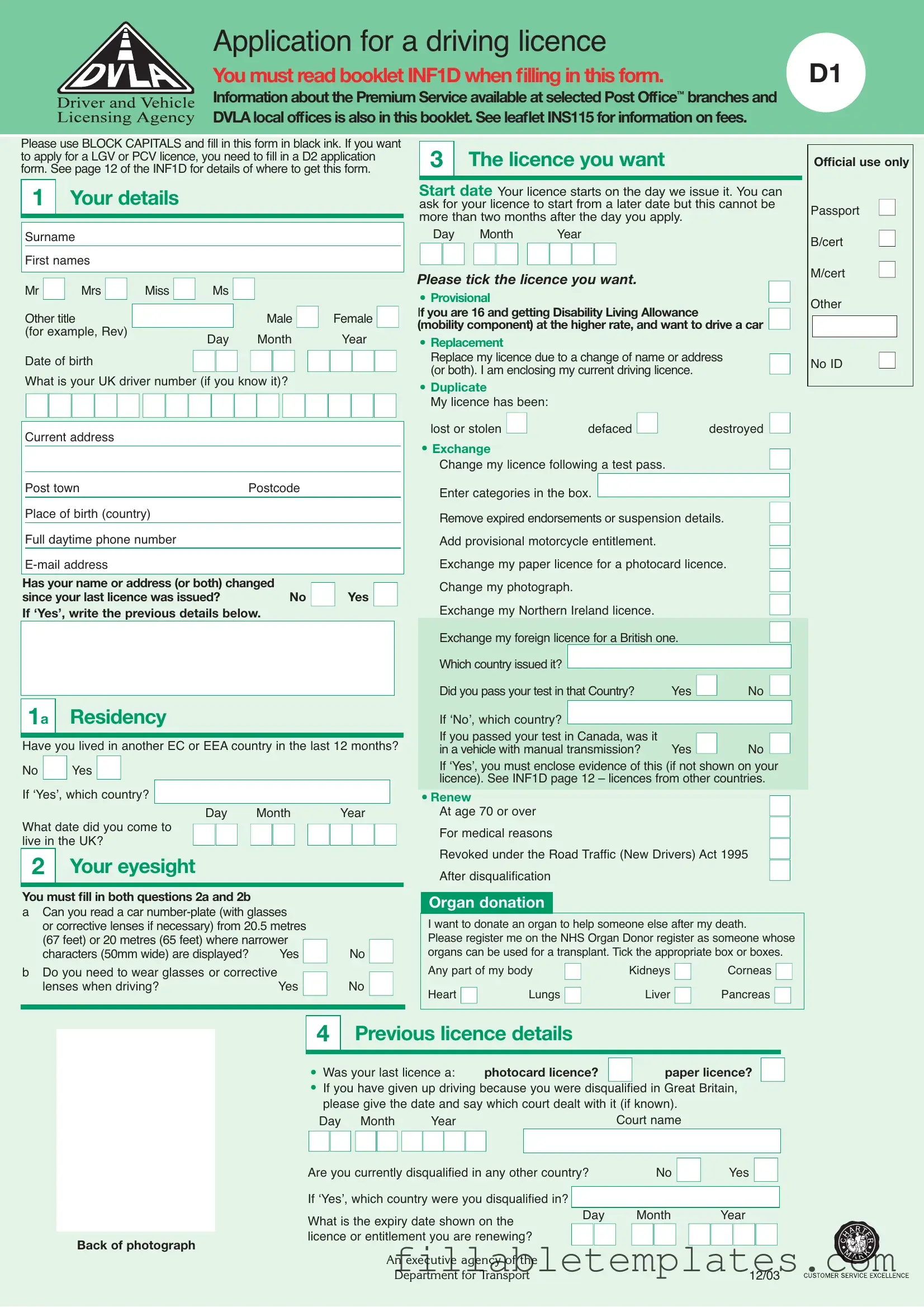 Official D1 Dvla Template in PDF