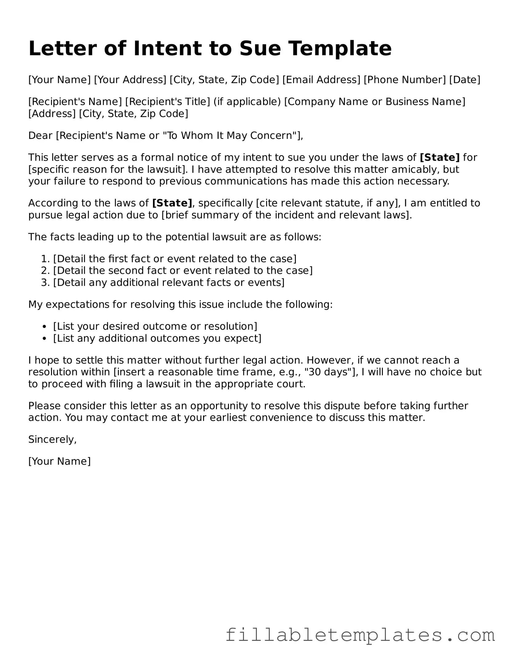 Printable Letter of Intent to Sue Form