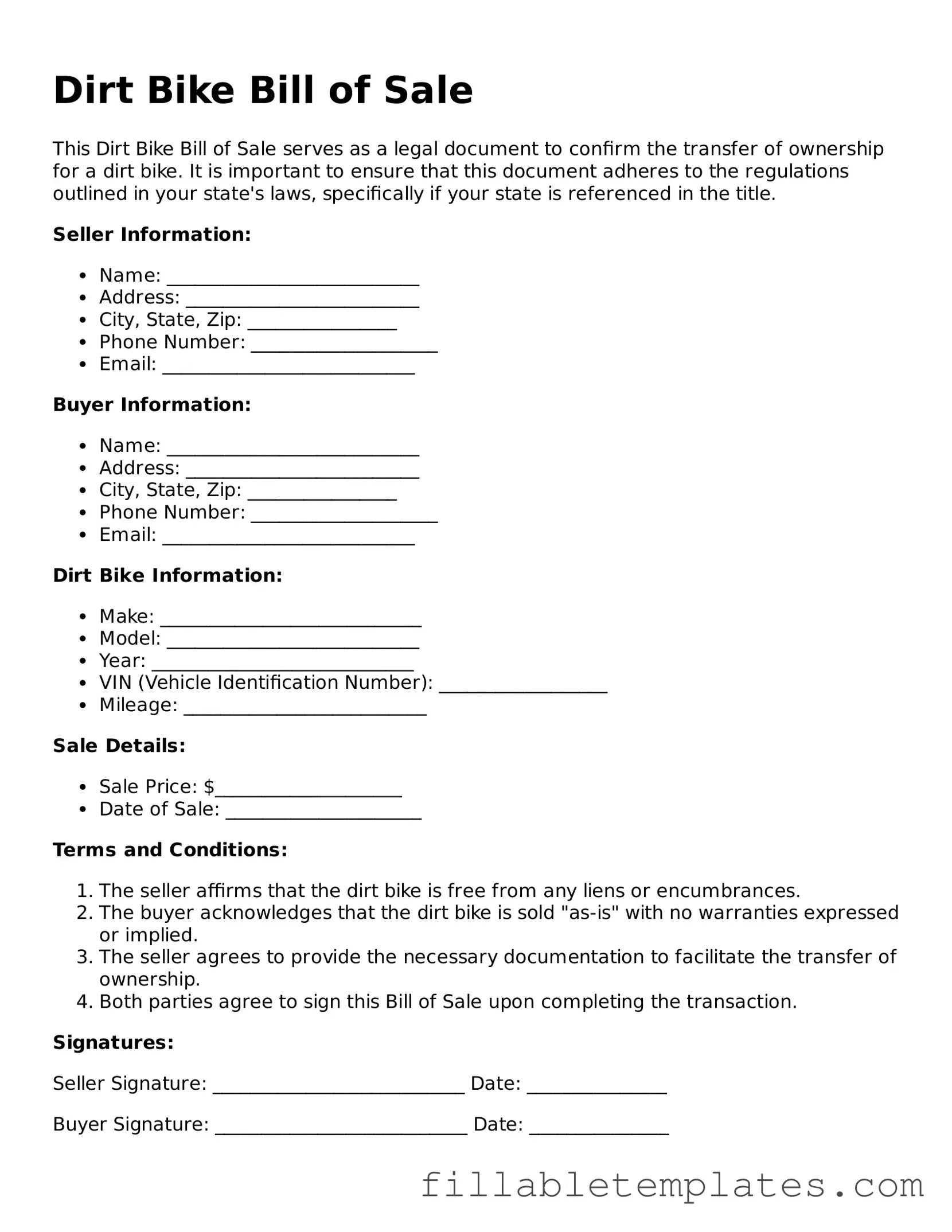 Printable Dirt Bike Bill of Sale Form