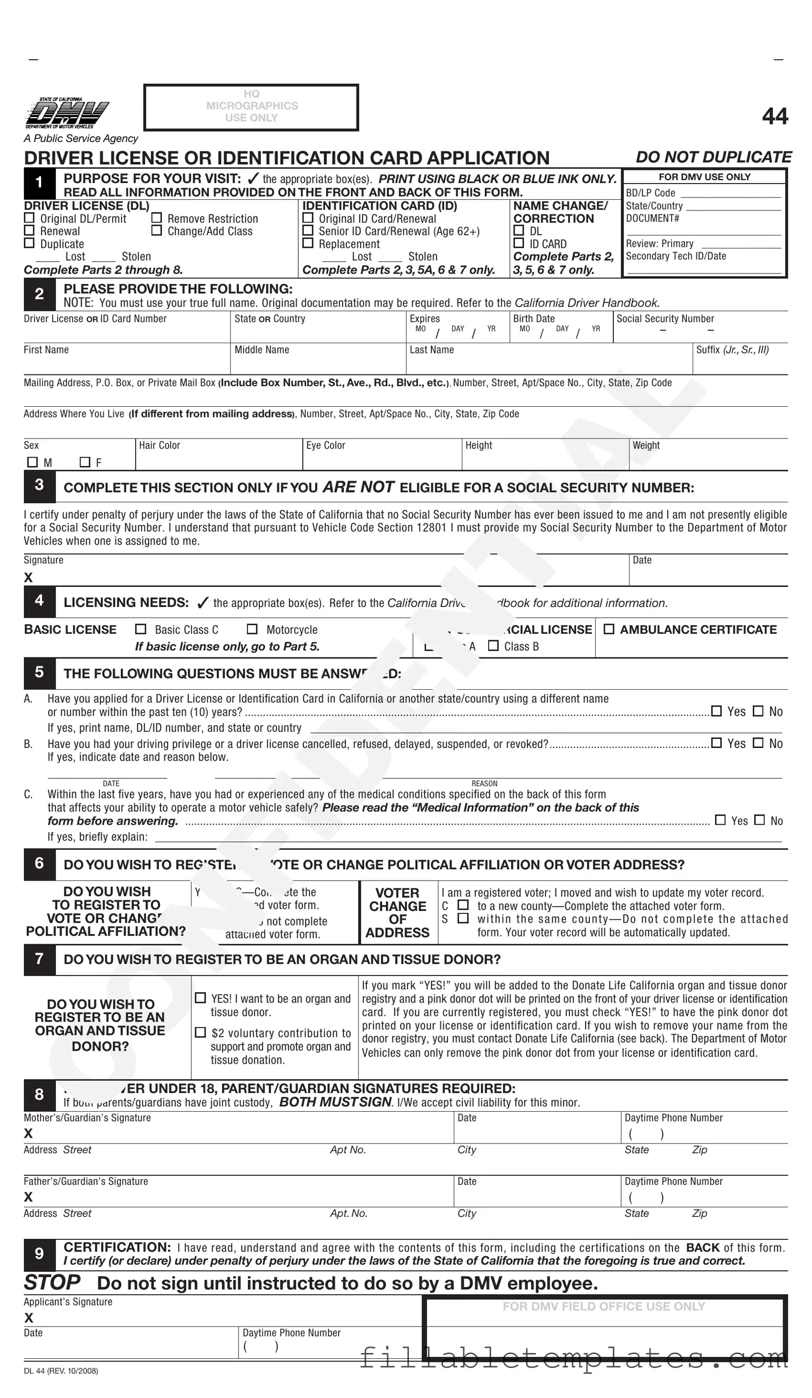 Official Ca Dmv Dl 44 Template in PDF