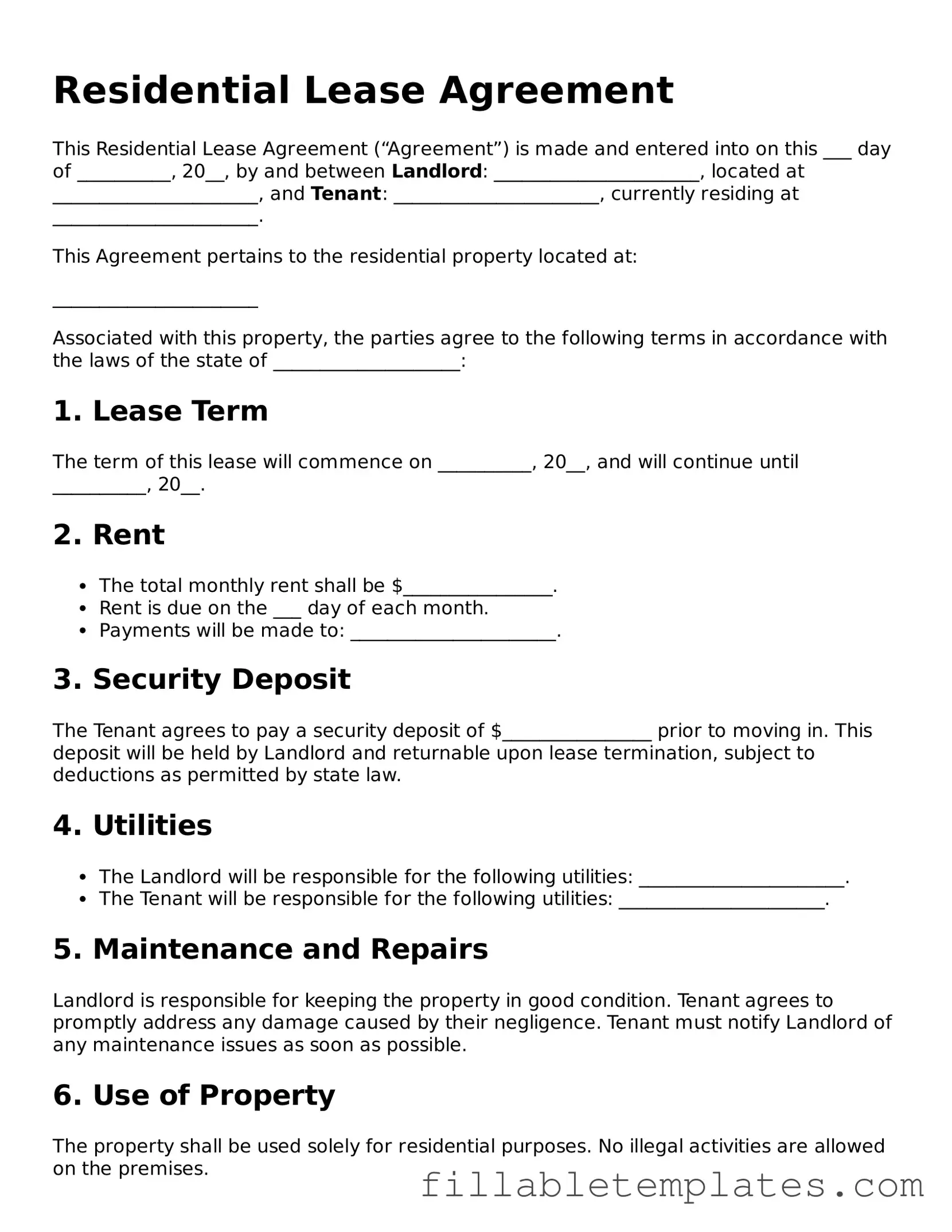 Printable Residential Lease Agreement Form