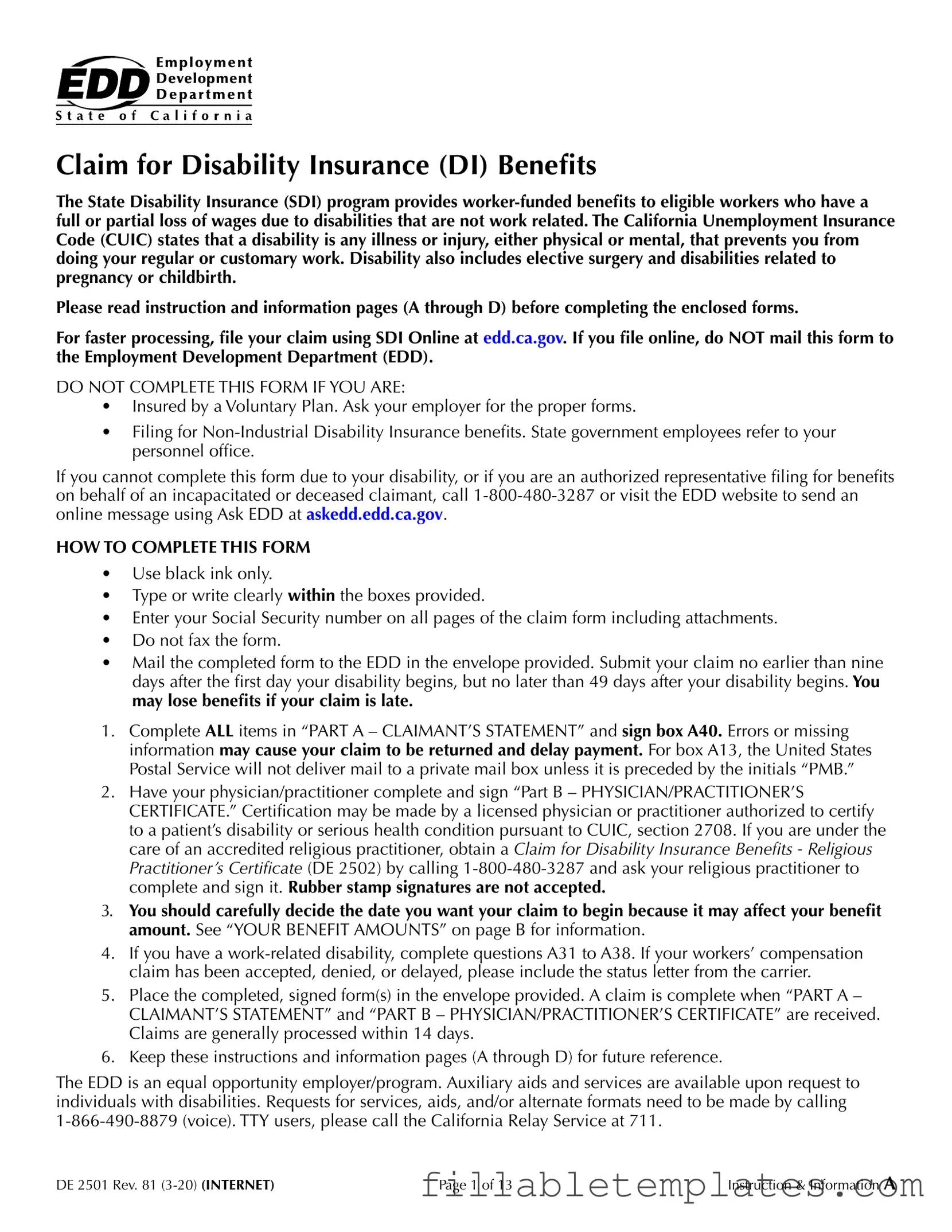 Official EDD DE 2501 Template in PDF