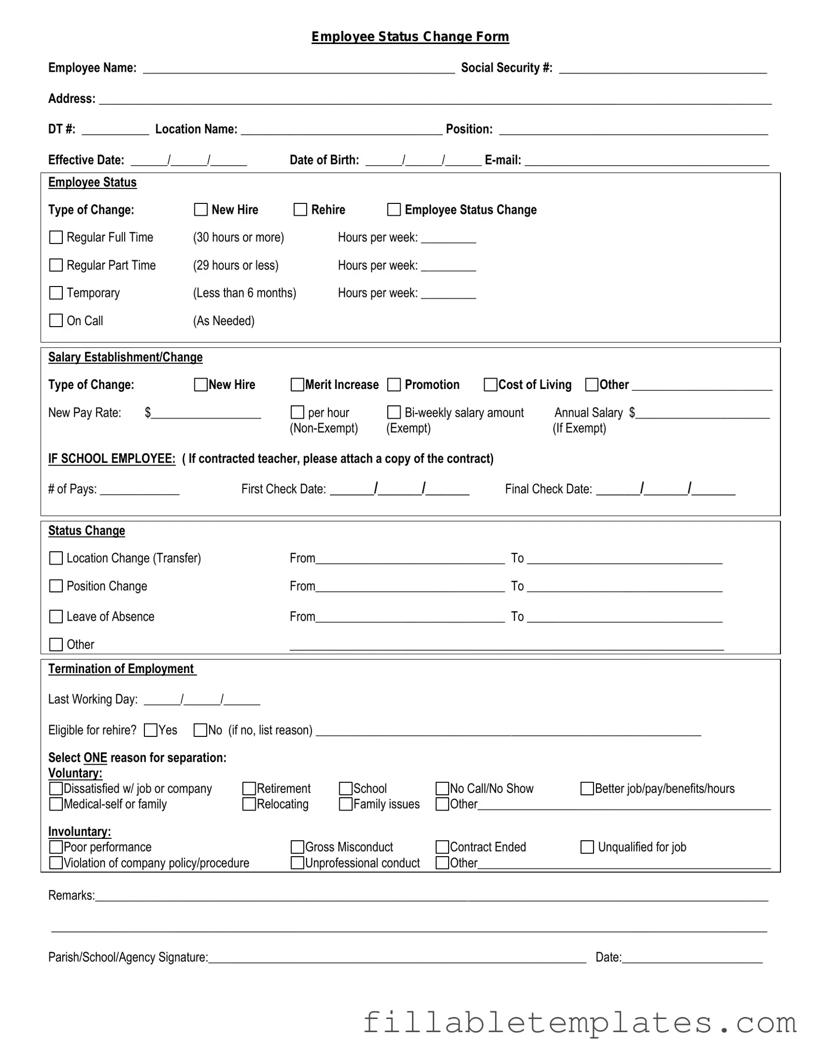Official Employee Status Change Template in PDF