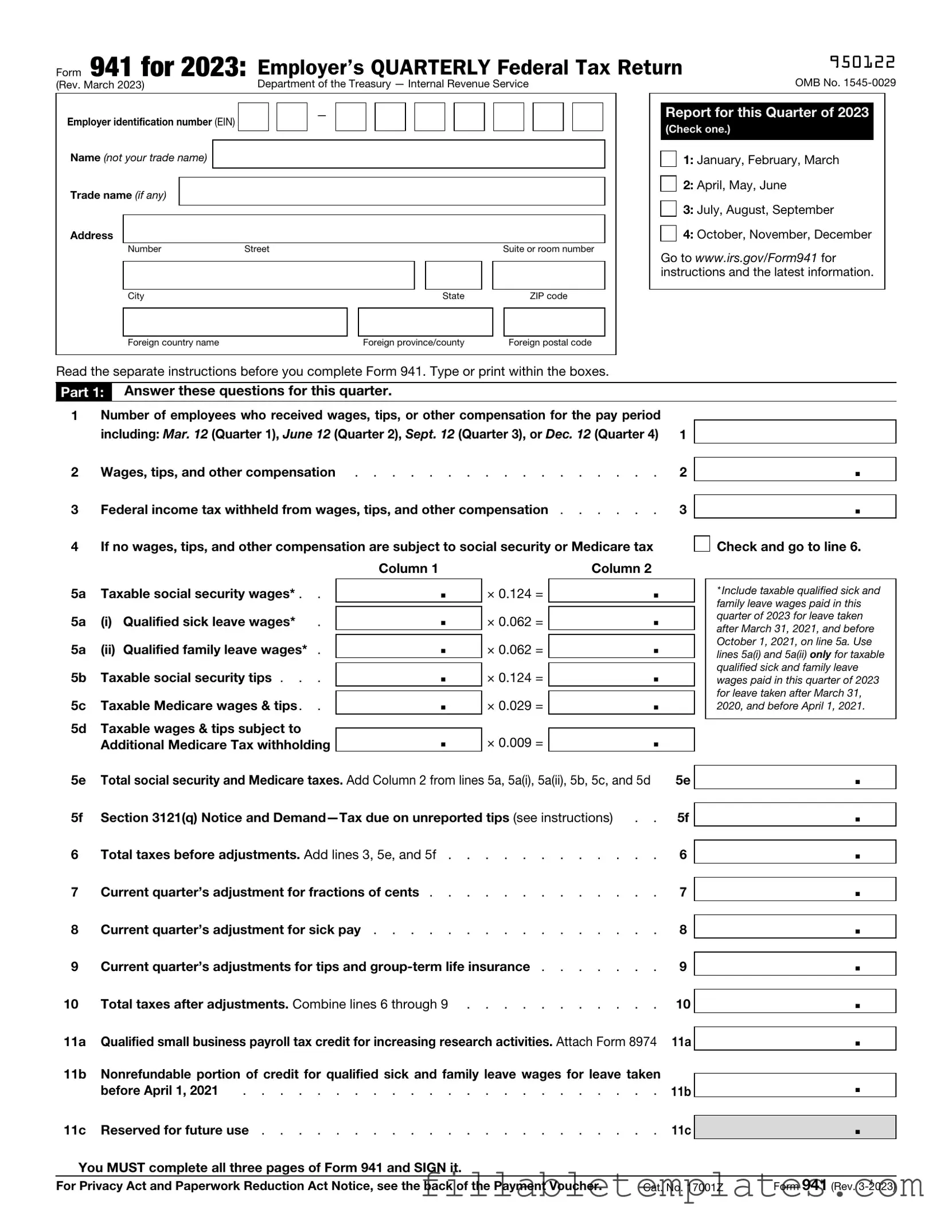 Official IRS 941 Template in PDF