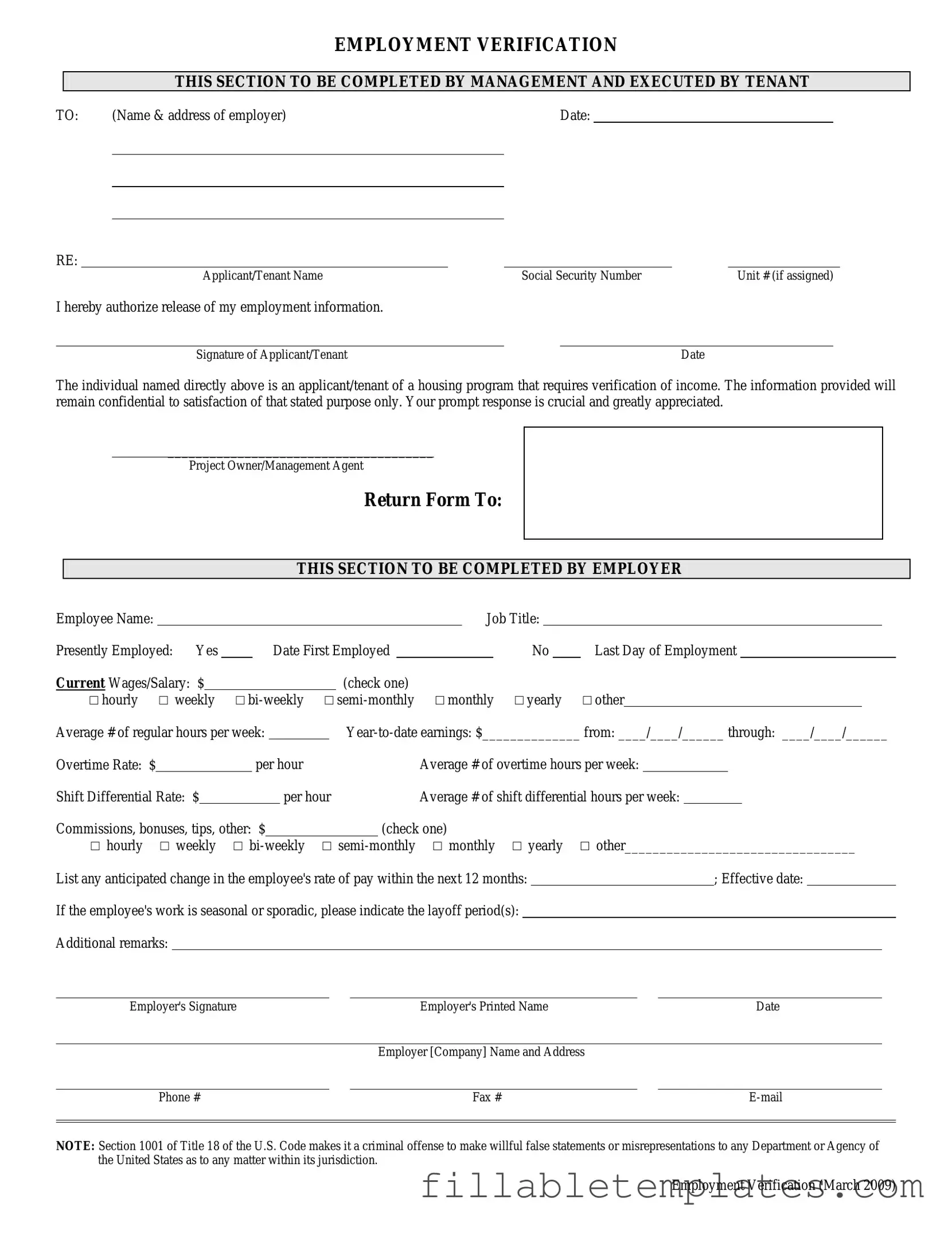 Official Employment verification form Template in PDF