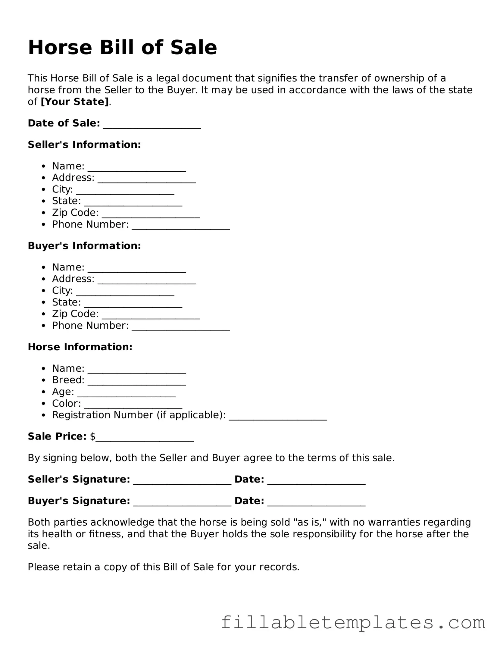 Printable Horse Bill of Sale Form