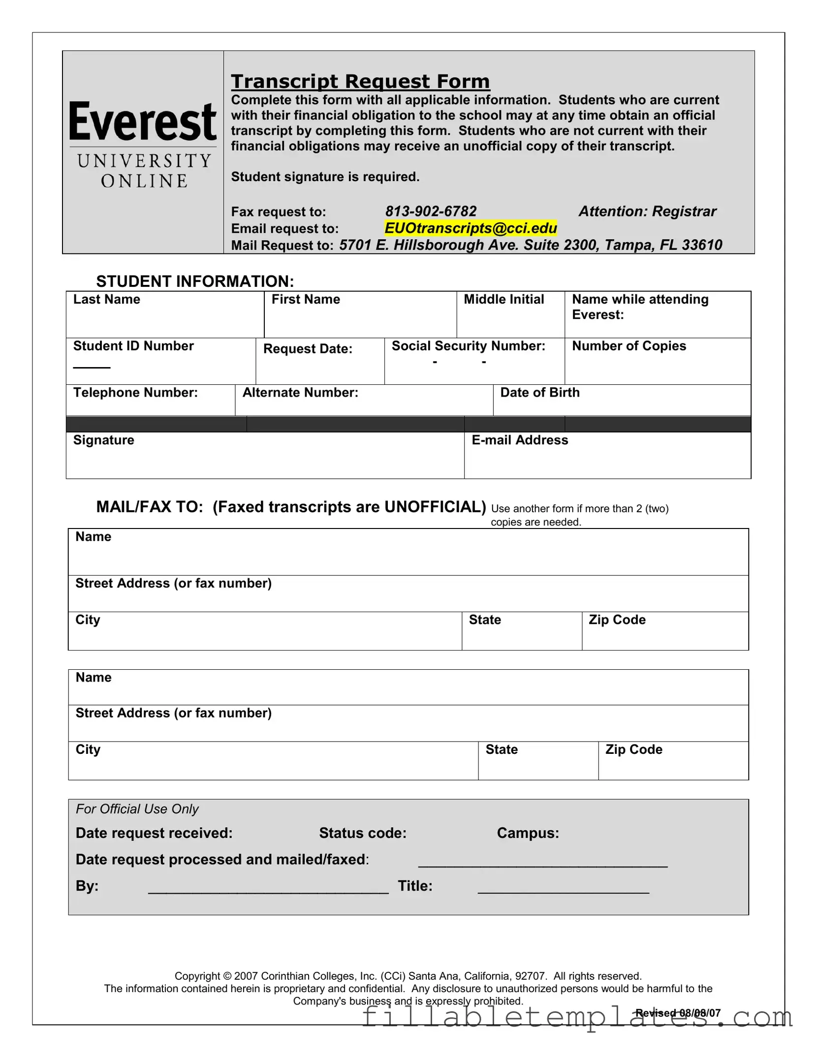Official Everest University Transcript Template in PDF
