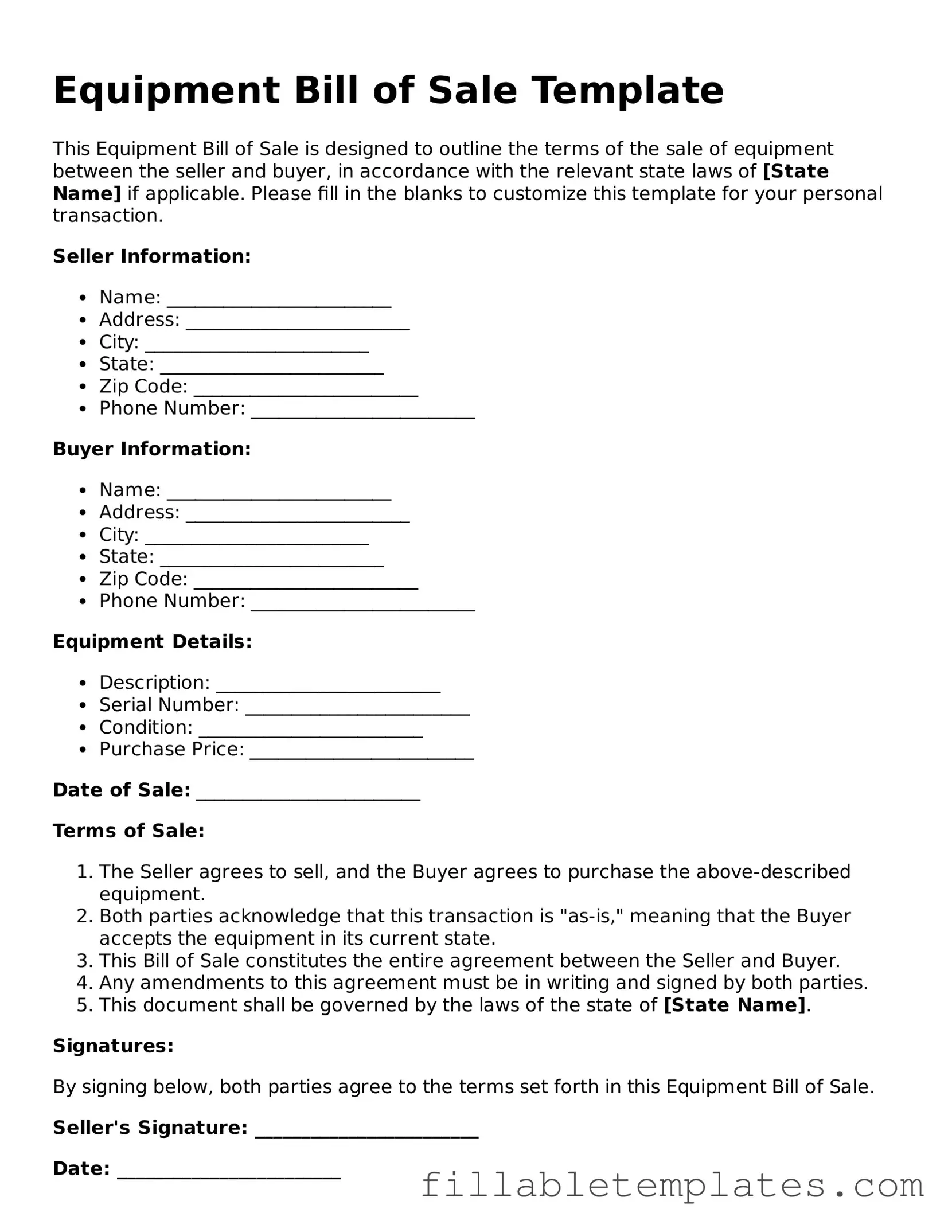 Printable Equipment Bill of Sale Form