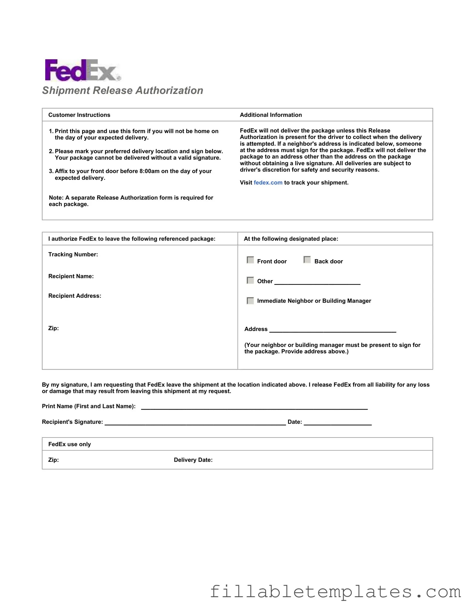 Official Fedex Release Template in PDF