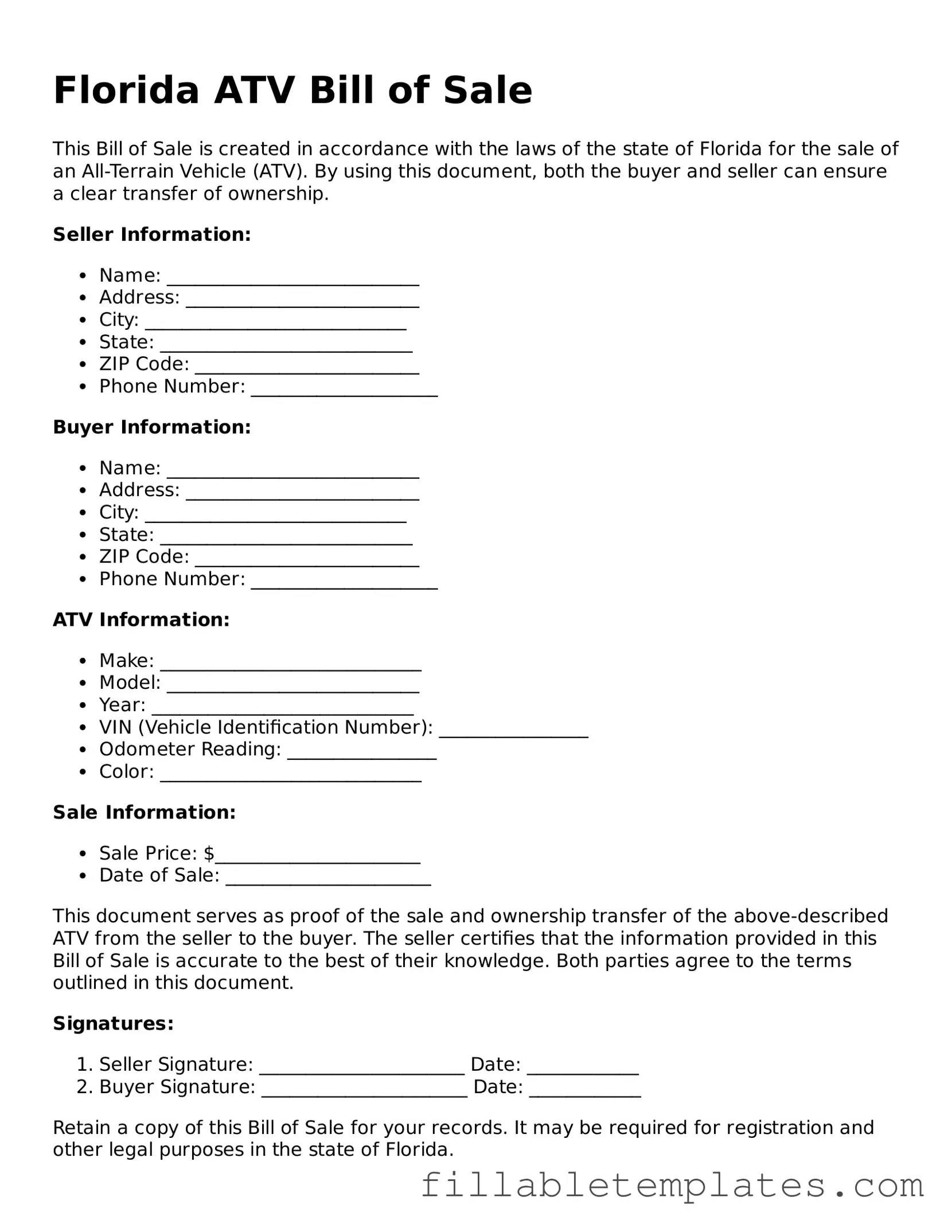 Printable ATV Bill of Sale Form for the State of Florida