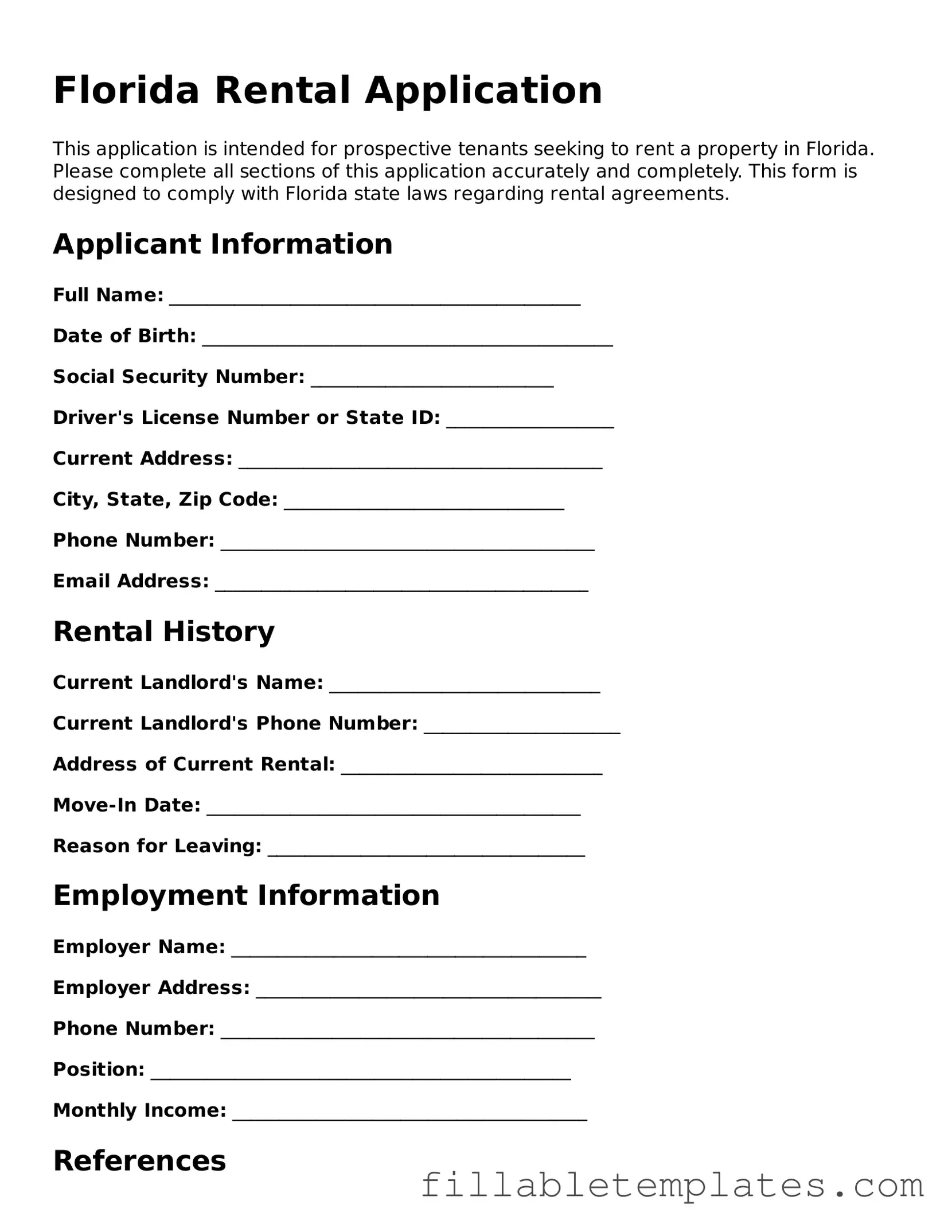 Printable Rental Application Form for the State of Florida