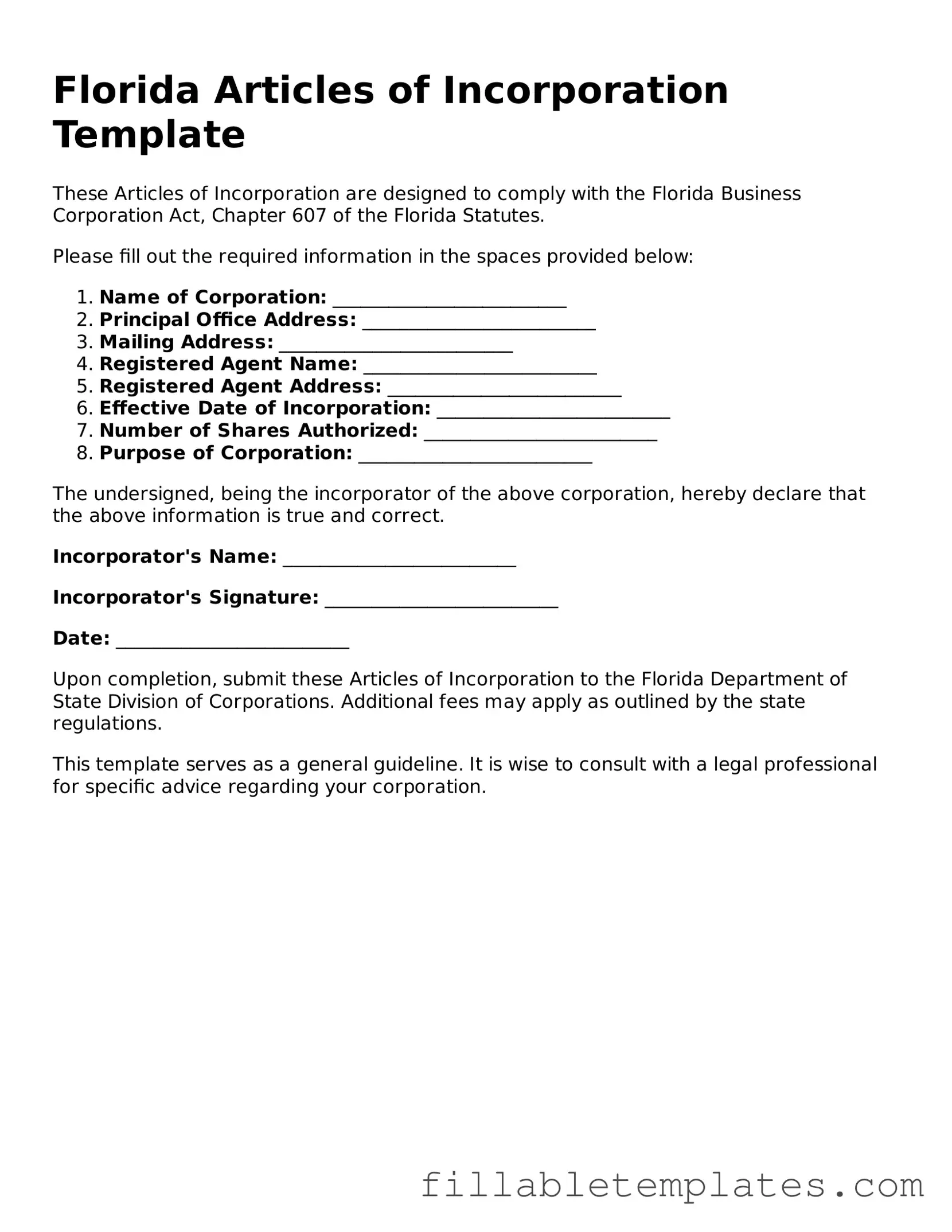 Printable Articles of Incorporation Form for the State of Florida