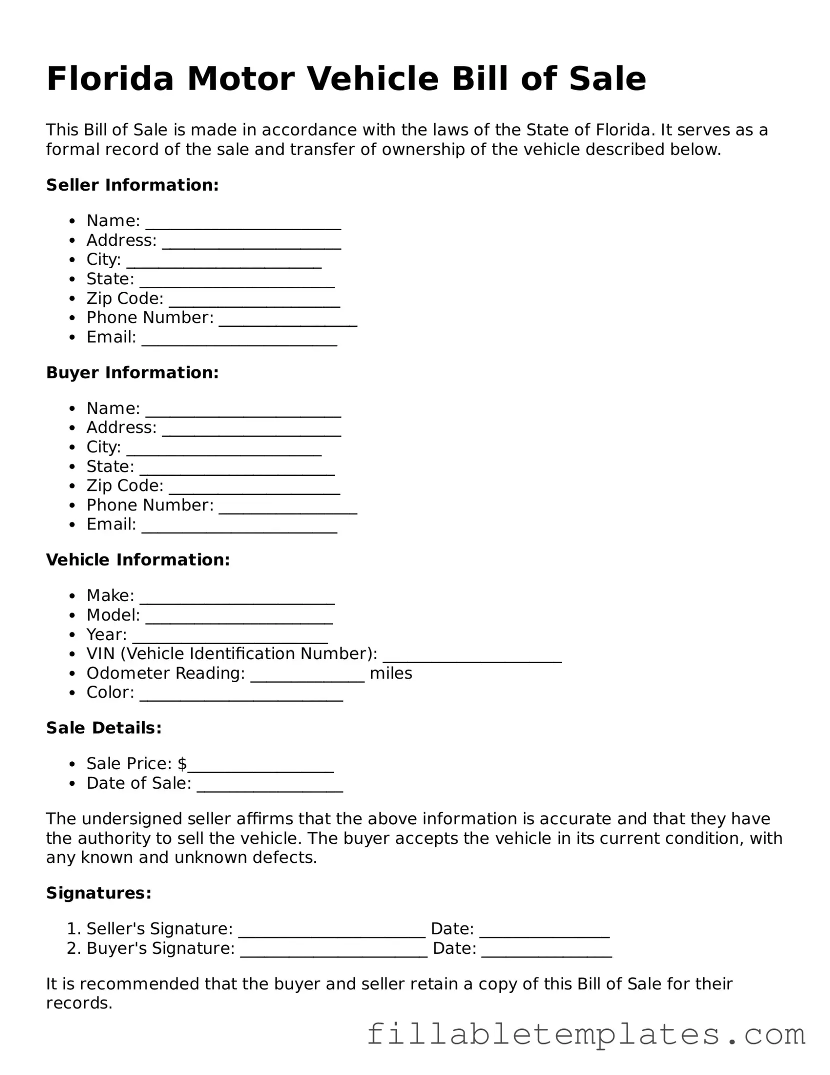 Printable Motor Vehicle Bill of Sale Form for the State of Florida