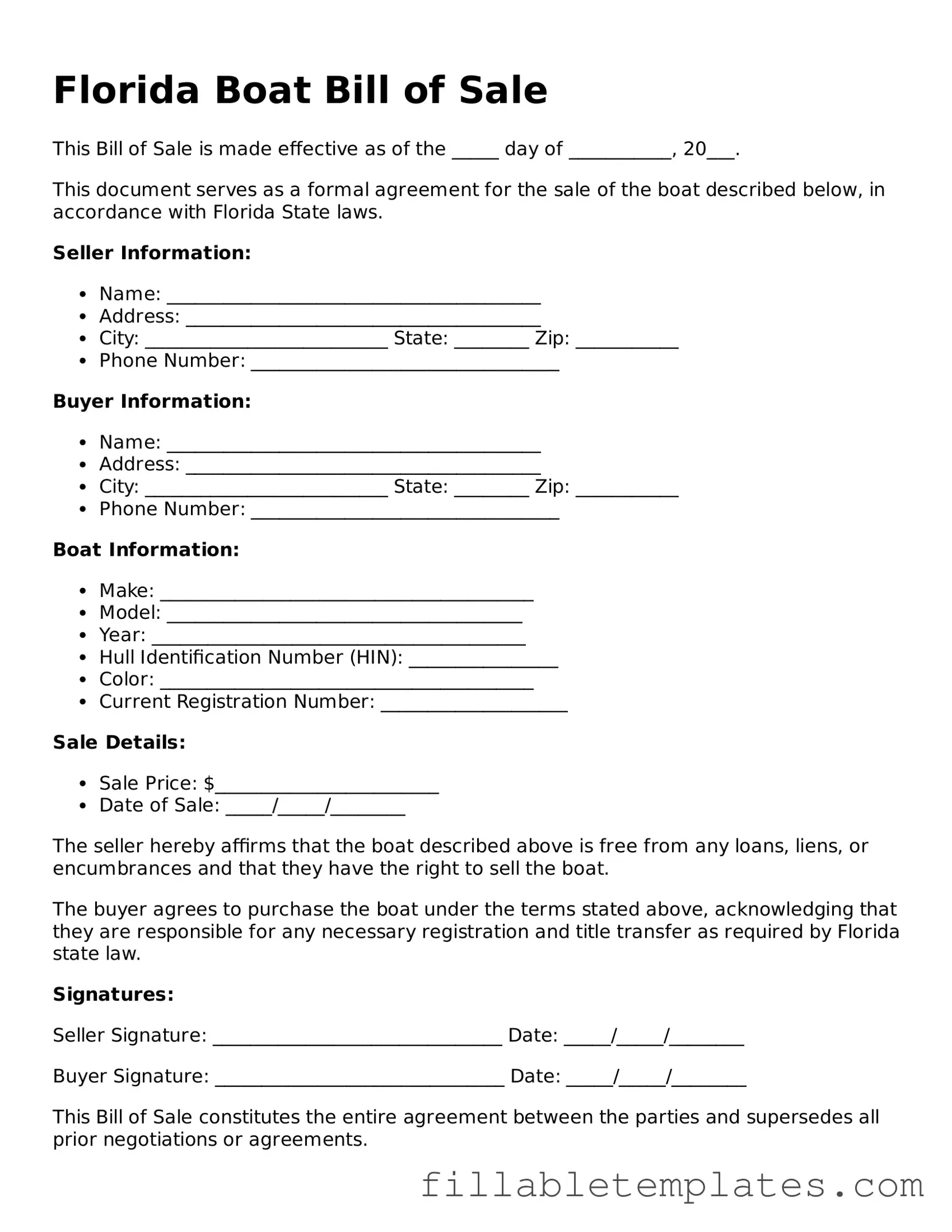 Printable Boat Bill of Sale Form for the State of Florida
