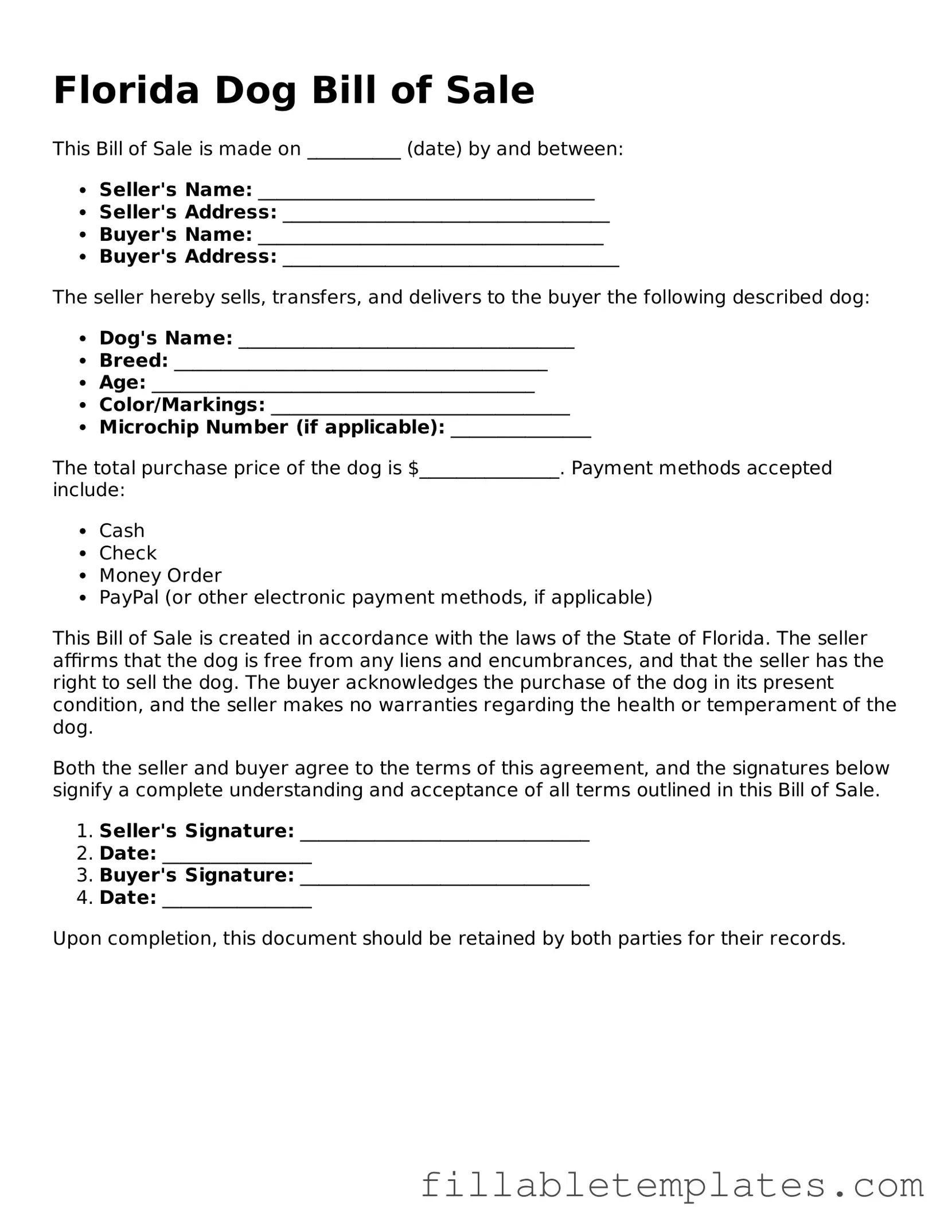 Printable Dog Bill of Sale Form for the State of Florida