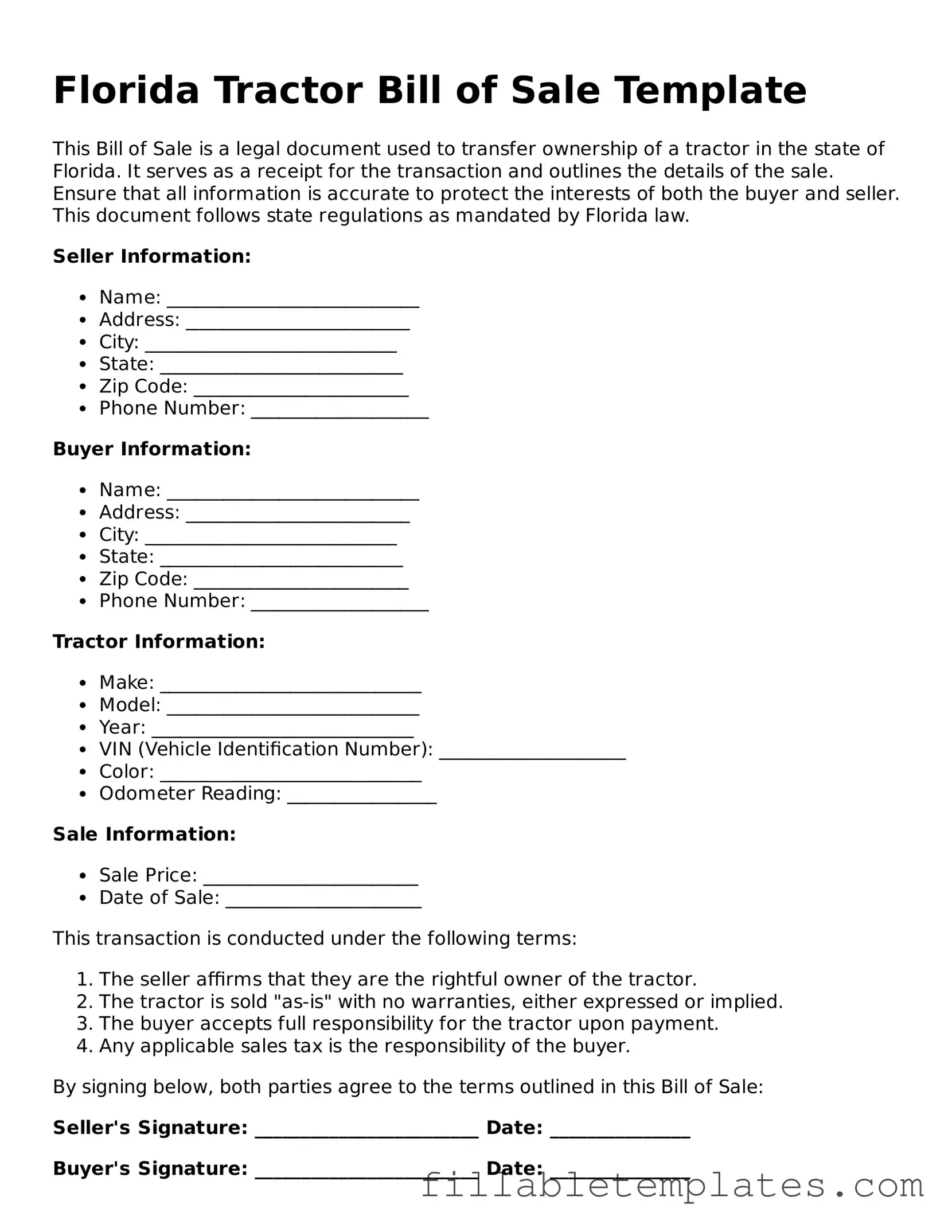 Printable Tractor Bill of Sale Form for the State of Florida
