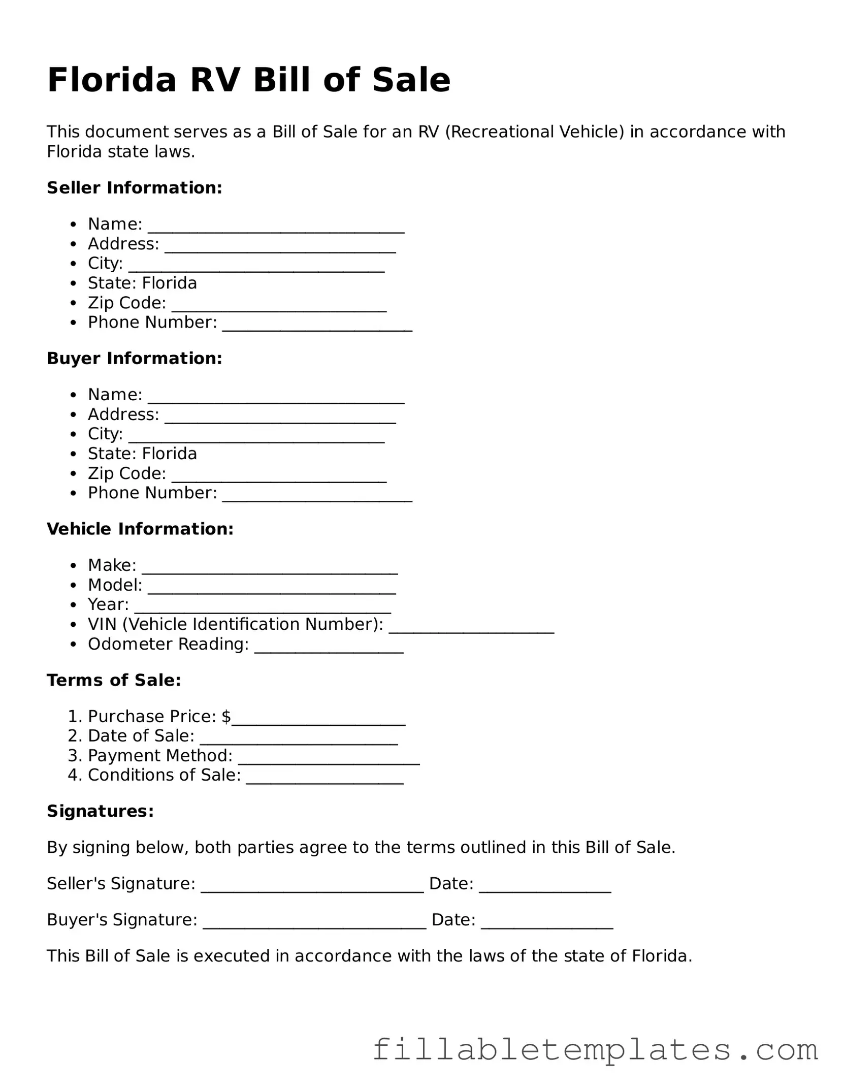 Printable RV Bill of Sale Form for the State of Florida