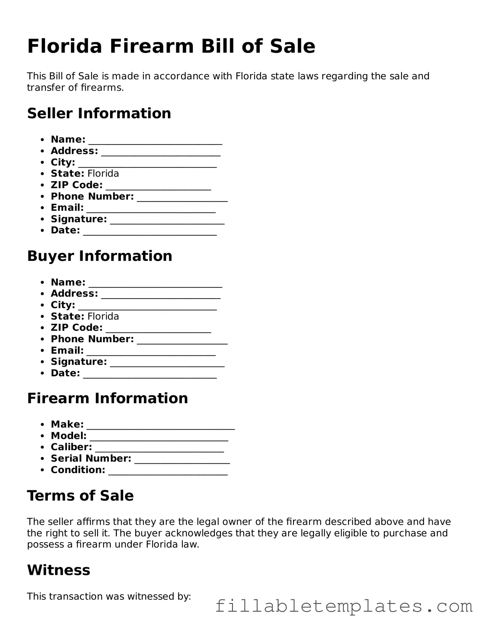 Printable Firearm Bill of Sale Form for the State of Florida