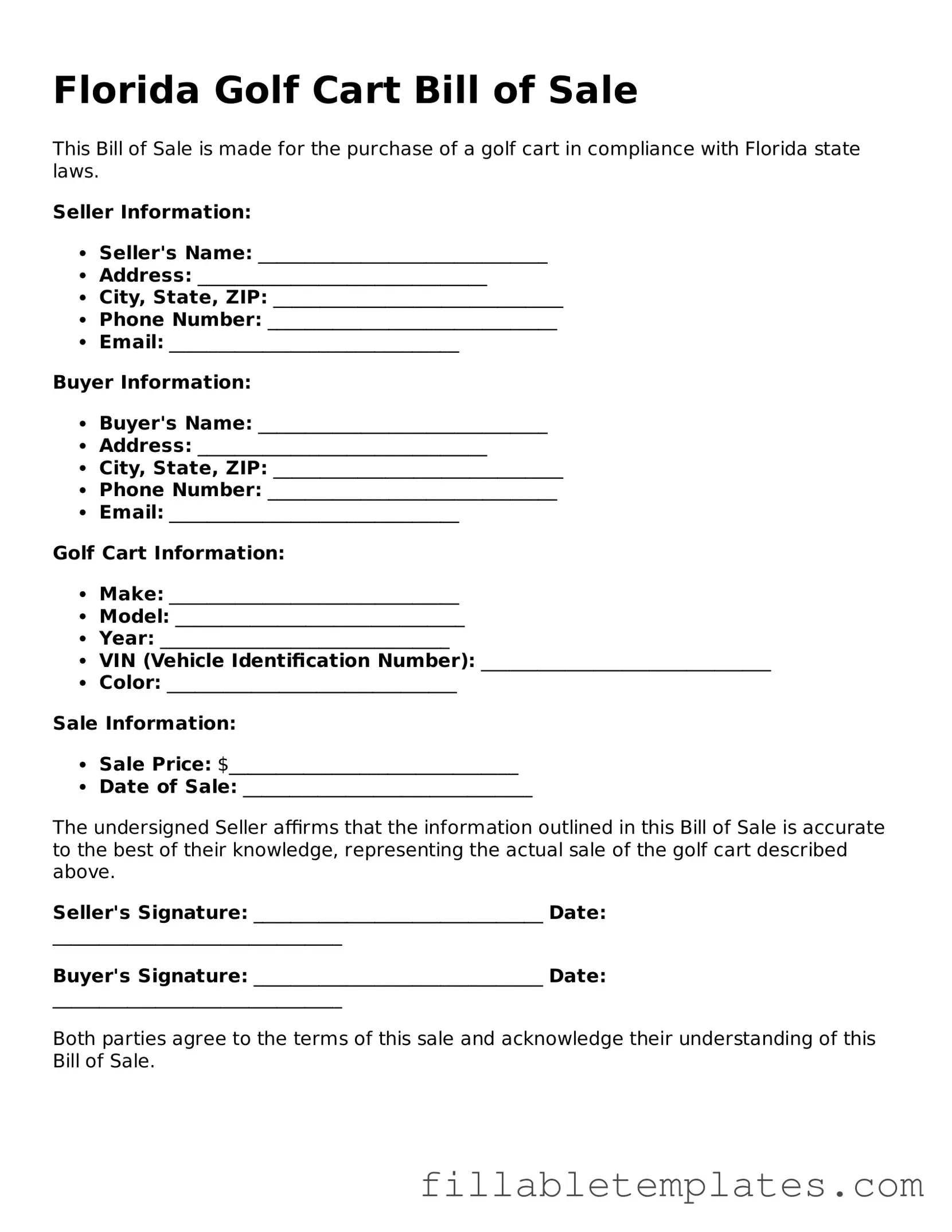 Printable Golf Cart Bill of Sale Form for the State of Florida