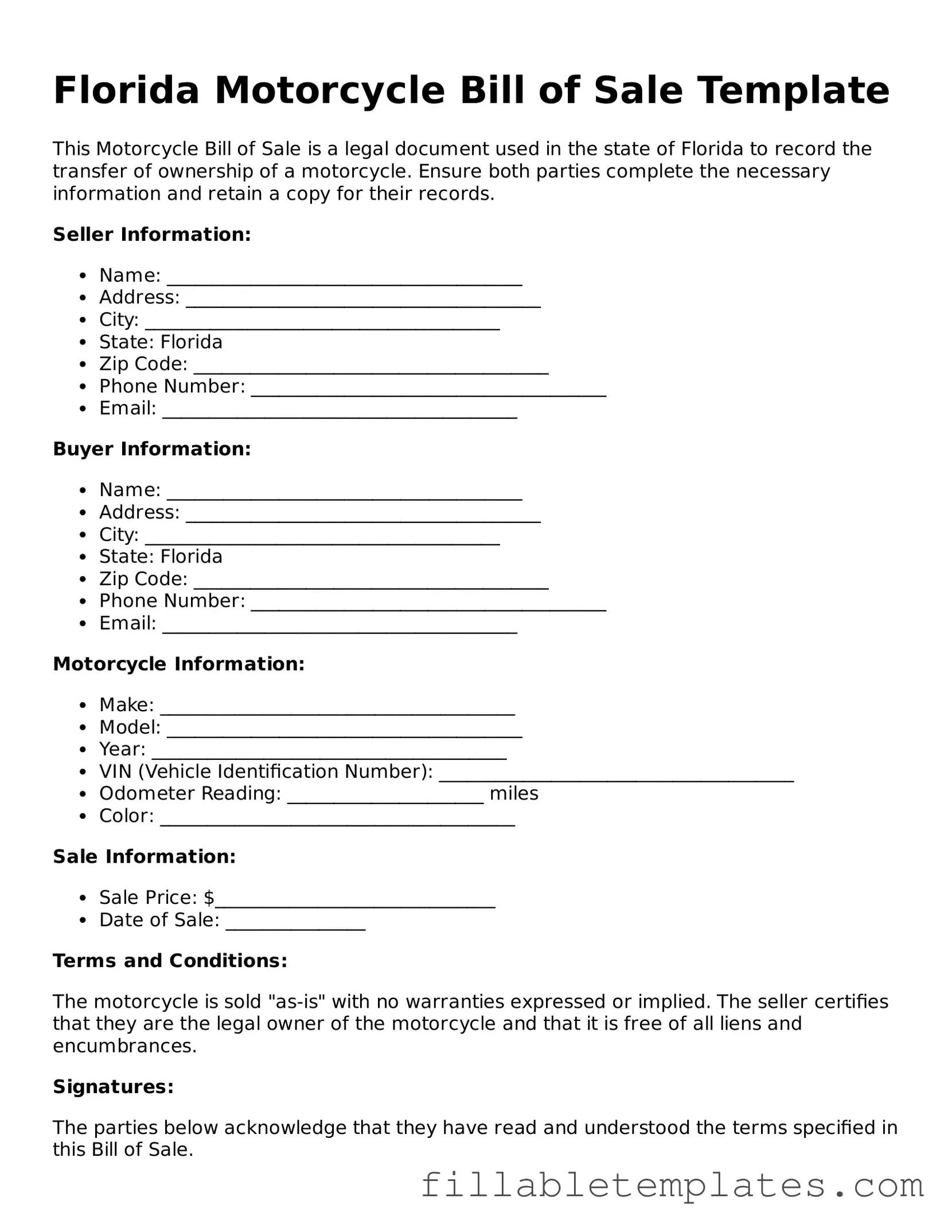Printable Motorcycle Bill of Sale Form for the State of Florida