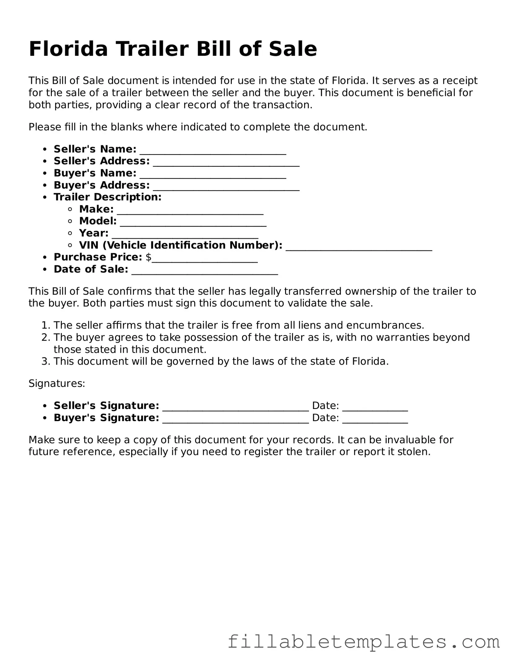 Printable Trailer Bill of Sale Form for the State of Florida