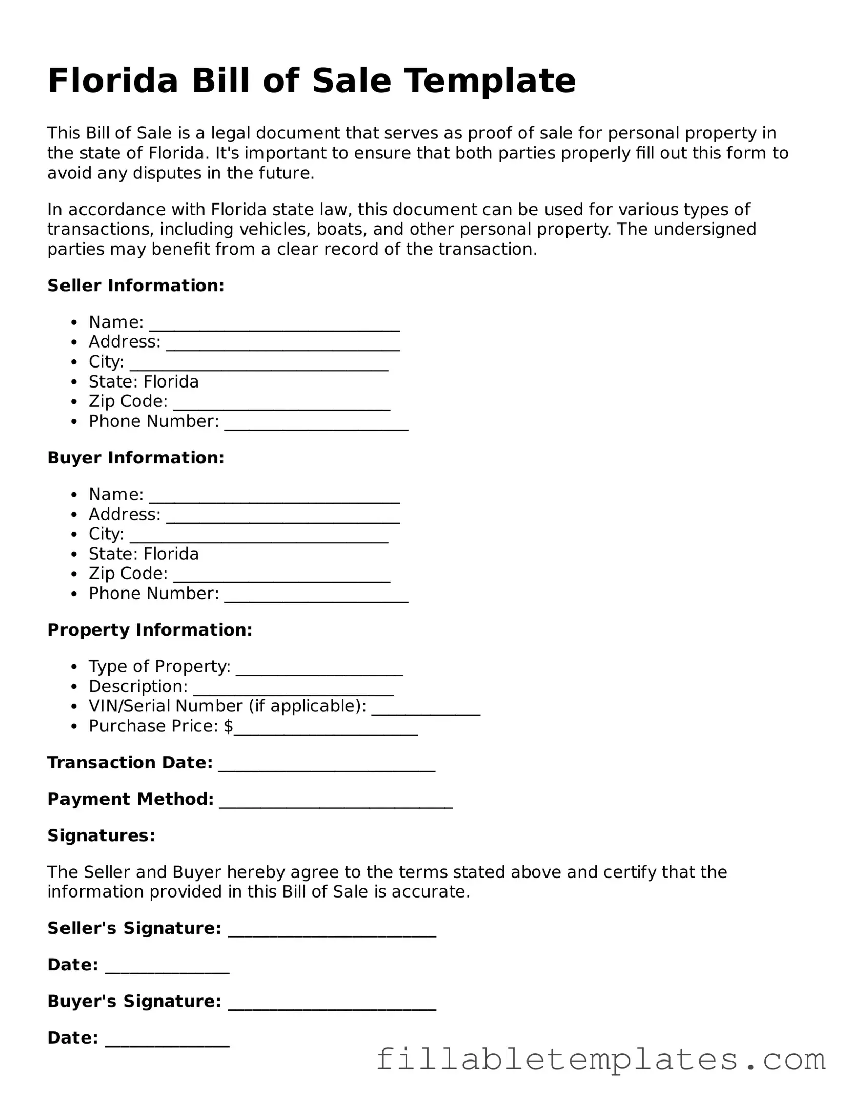 Printable Bill of Sale Form for the State of Florida