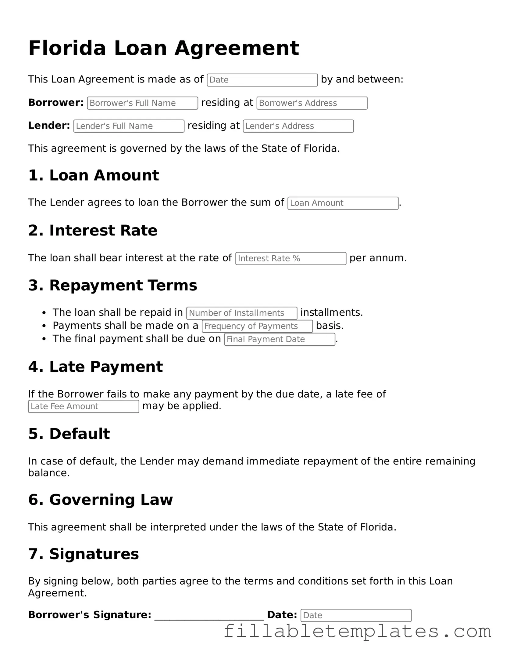 Printable Loan Agreement Form for the State of Florida
