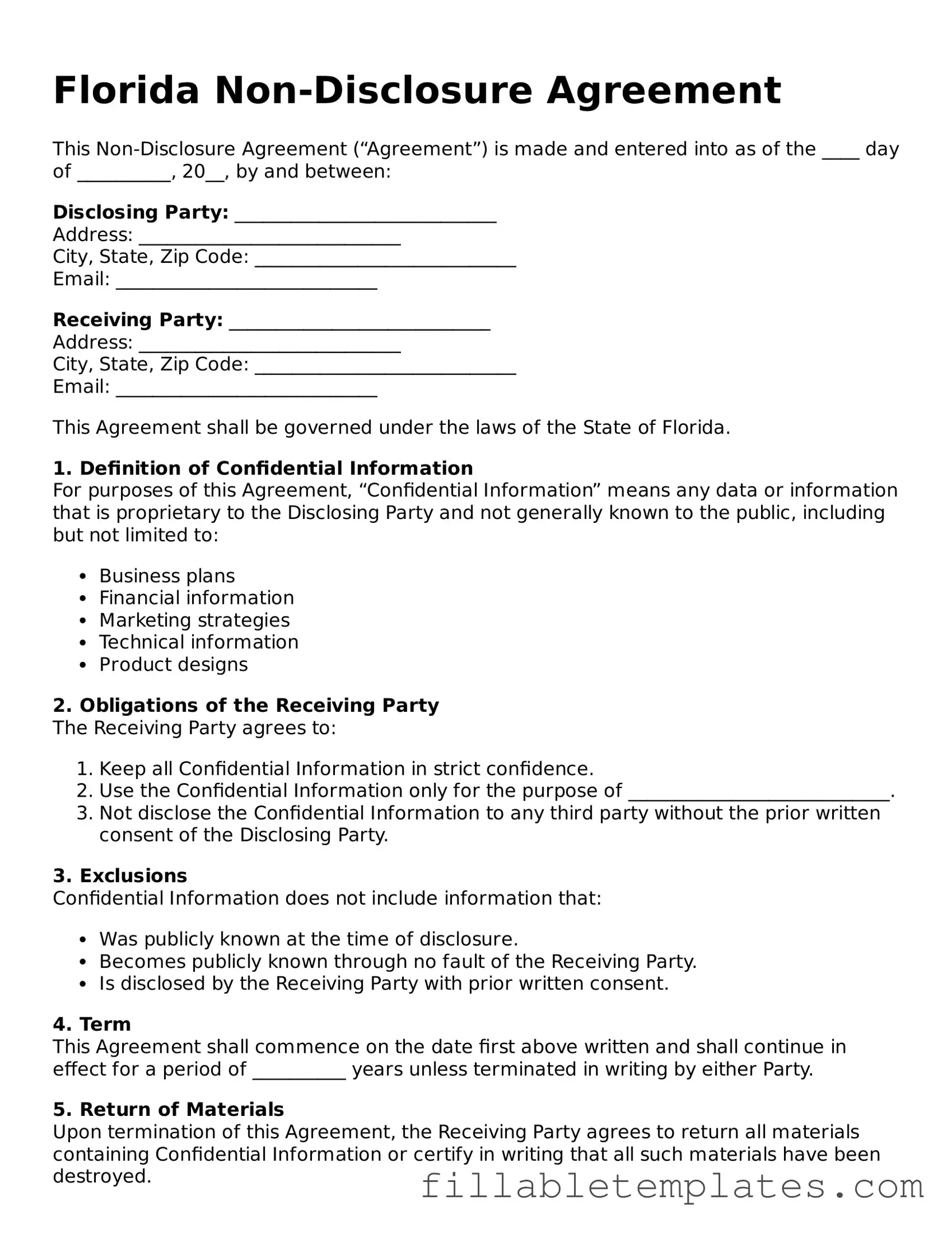 Printable Non-disclosure Agreement Form for the State of Florida