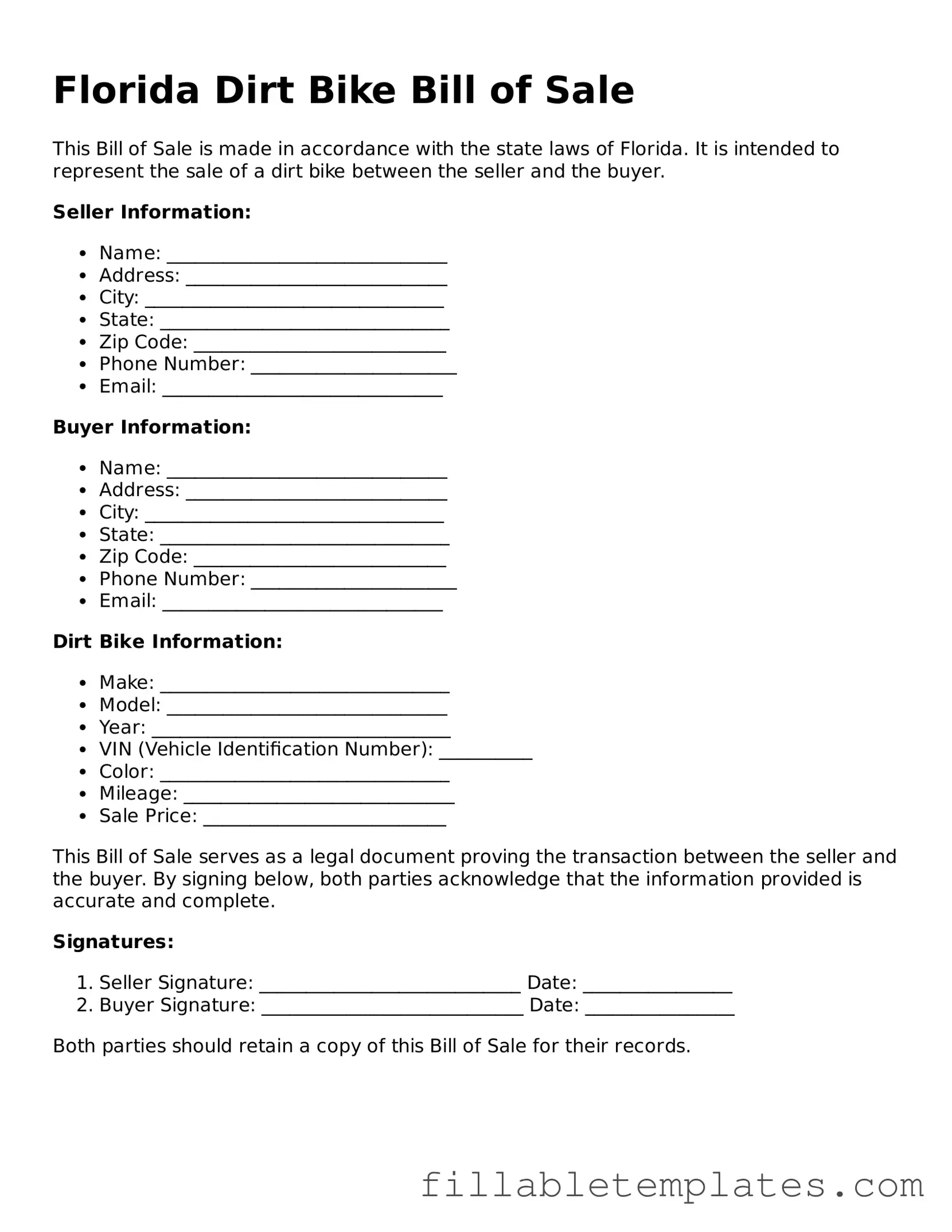 Printable Dirt Bike Bill of Sale Form for the State of Florida