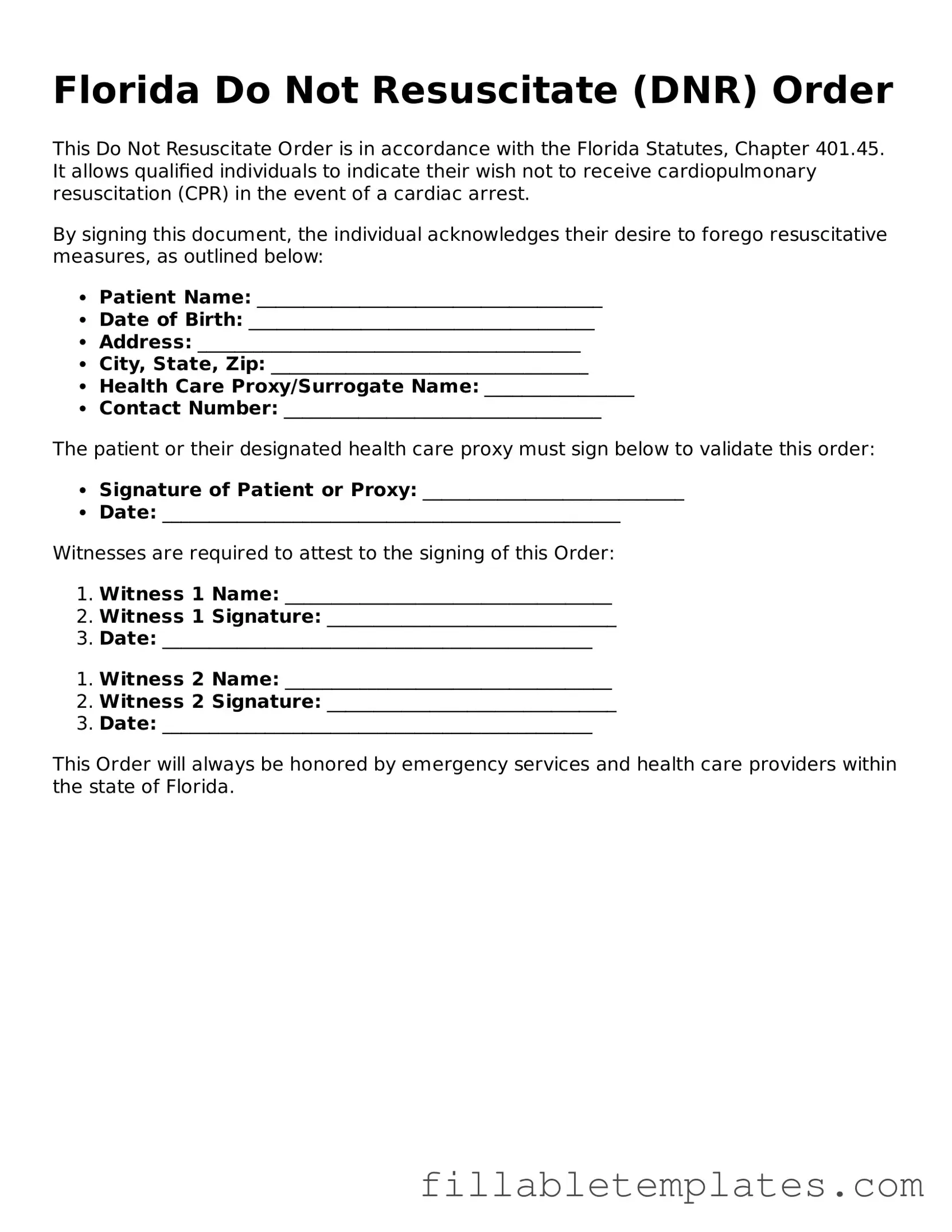 Printable Do Not Resuscitate Order Form for the State of Florida