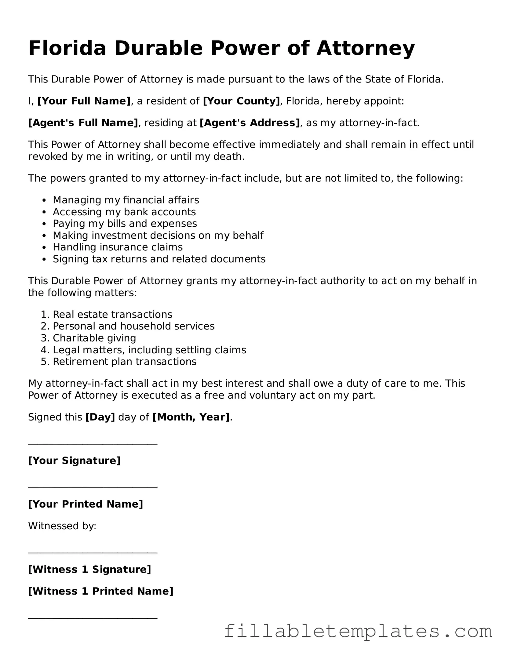 Printable Durable Power of Attorney Form for the State of Florida