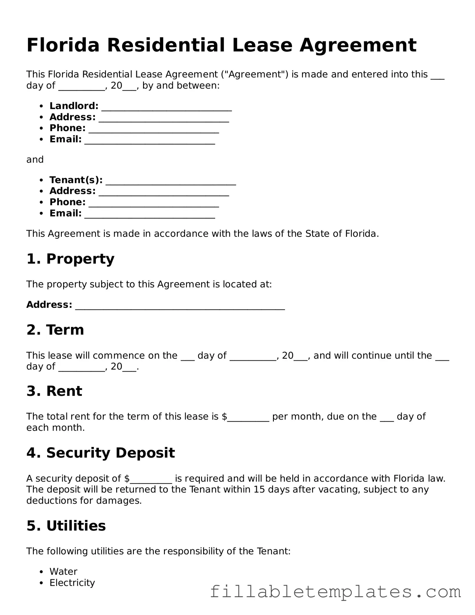 Printable Residential Lease Agreement Form for the State of Florida