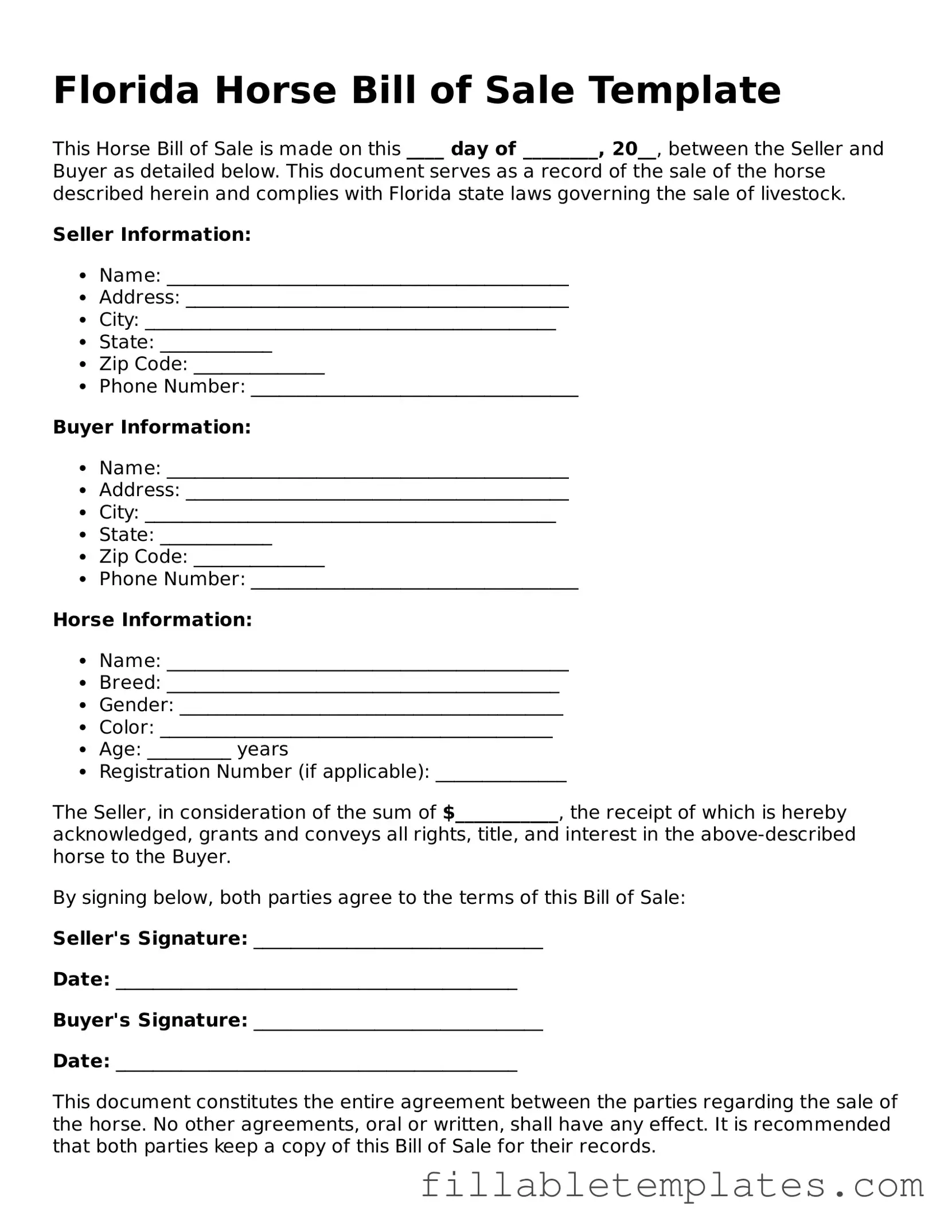 Printable Horse Bill of Sale Form for the State of Florida