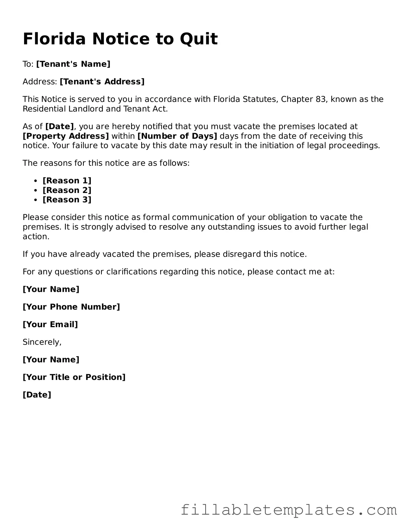 Printable Notice to Quit Form for the State of Florida