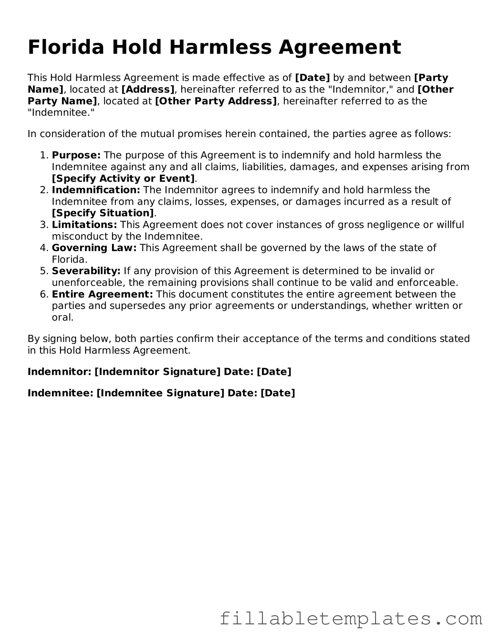 Printable Hold Harmless Agreement Form for the State of Florida